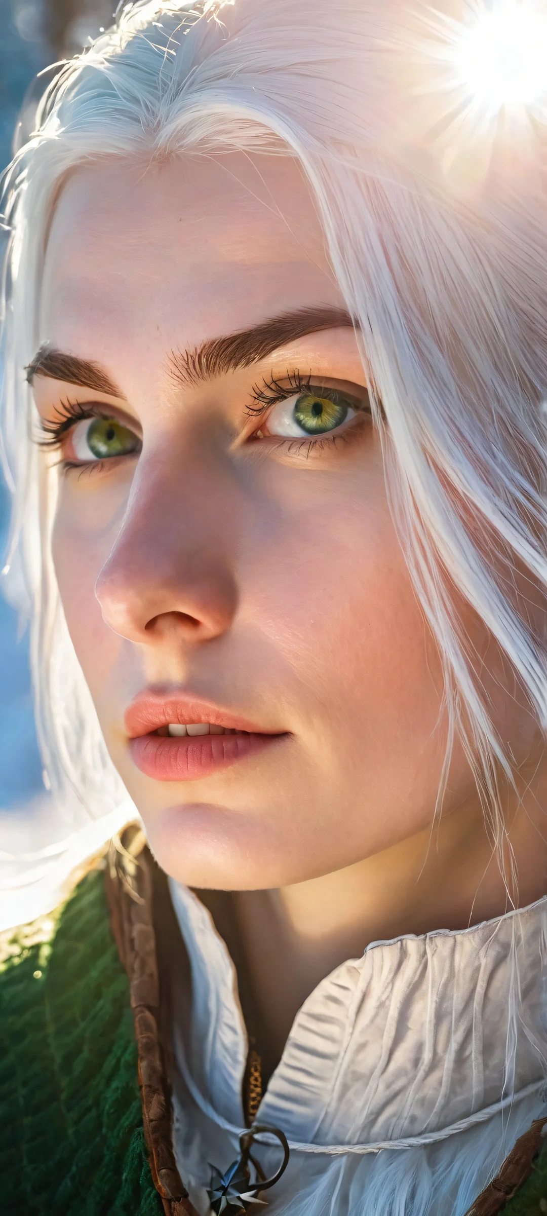 A young adult witcher trainee stands out against a stunning winter morning sunlit backdrop, perfect for iPhone/Android home screens.