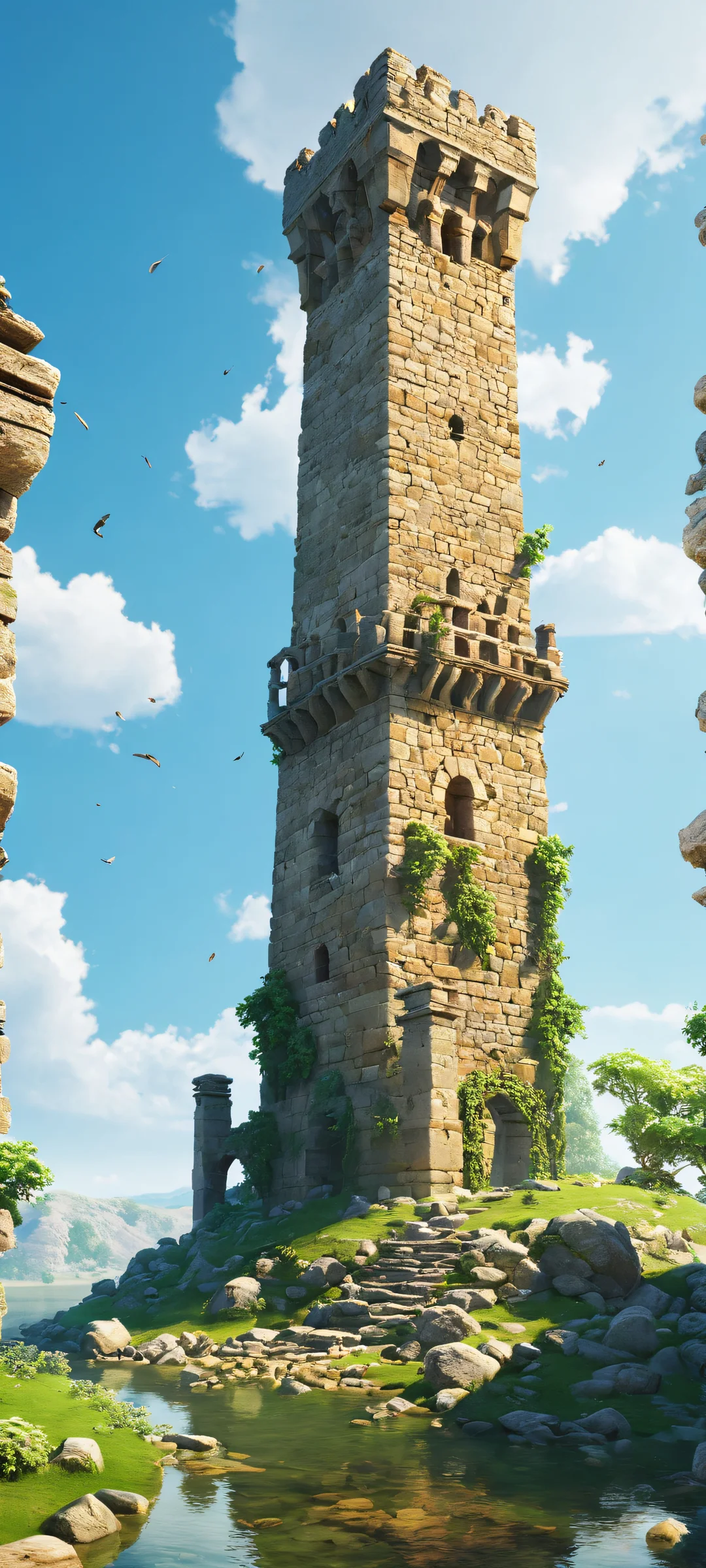 A majestic vertical wallpaper of a ruined tower surrounded by floating stones. Parfait pour les écrans d'accueil iPhone ou Android.