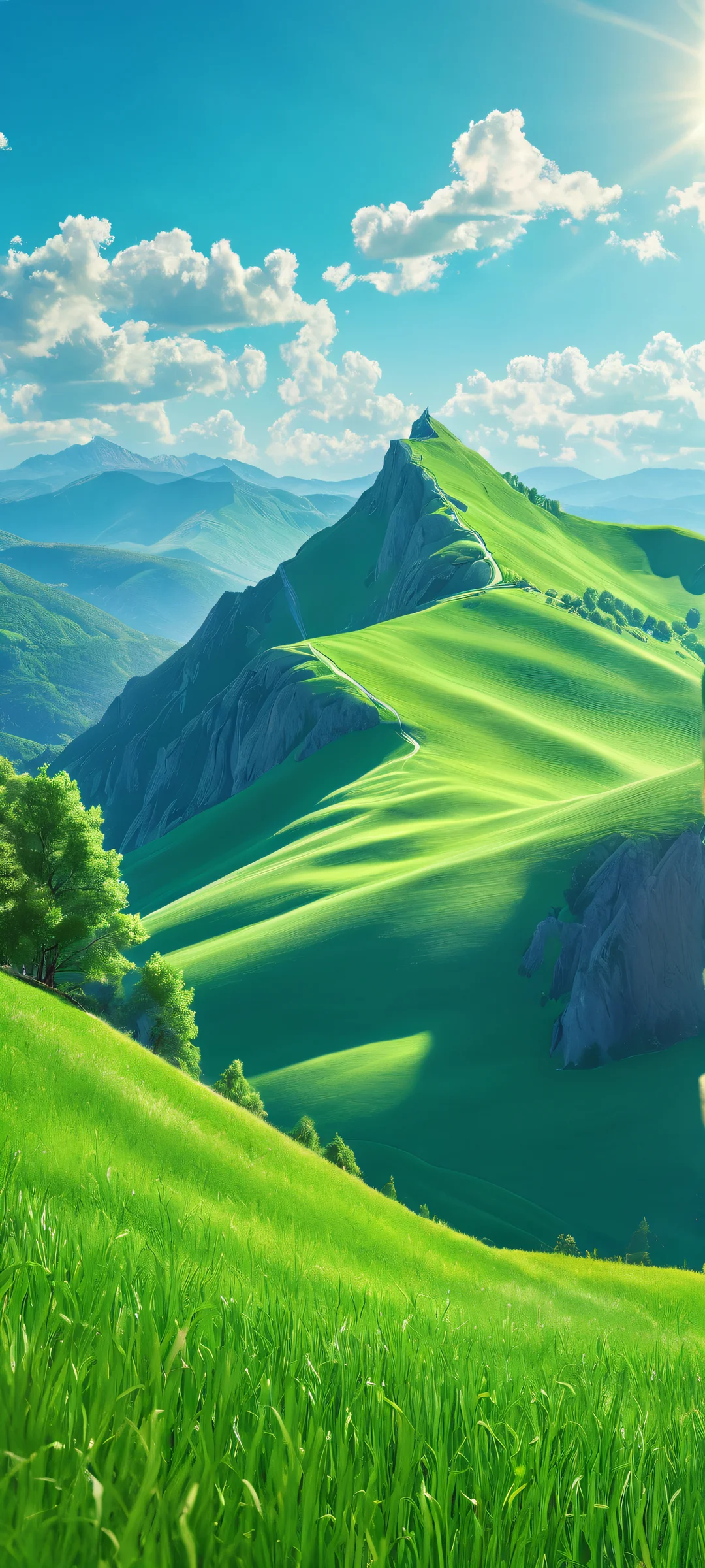 Wizard's Whispering Woods QHD Phone Background A majestic wizard standing amidst a lush meadow and rolling hills under the warmth of harsh natural sunlight - perfect for iPhone or Android home screens.