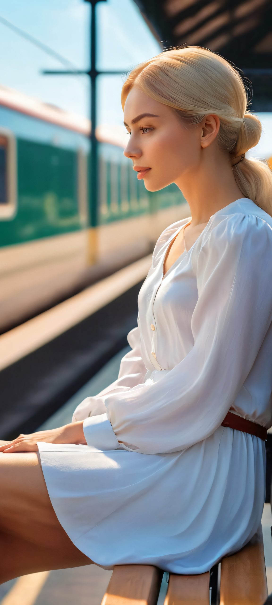A serene woman sits on a bench at a train station, surrounded by natural beauty, perfectly optimized for iPhone, Samsung Galaxy, and Android home screens.
