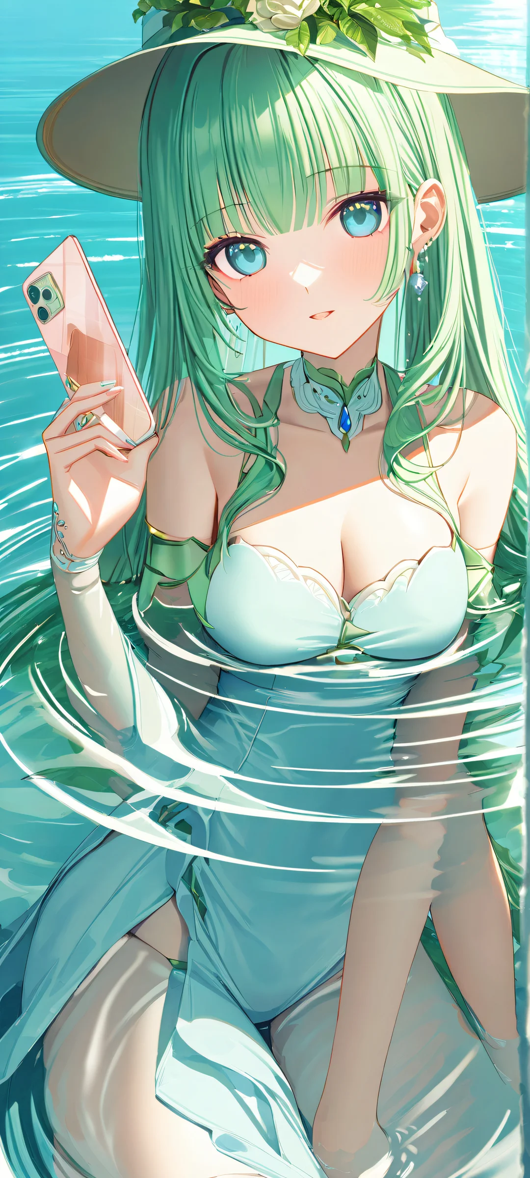 Beautiful anime-inspired scene of women with hats surrounded by soft ripples and bluish-green water. Perfectly optimized for iPhone, Samsung Galaxy, and Android home screens.