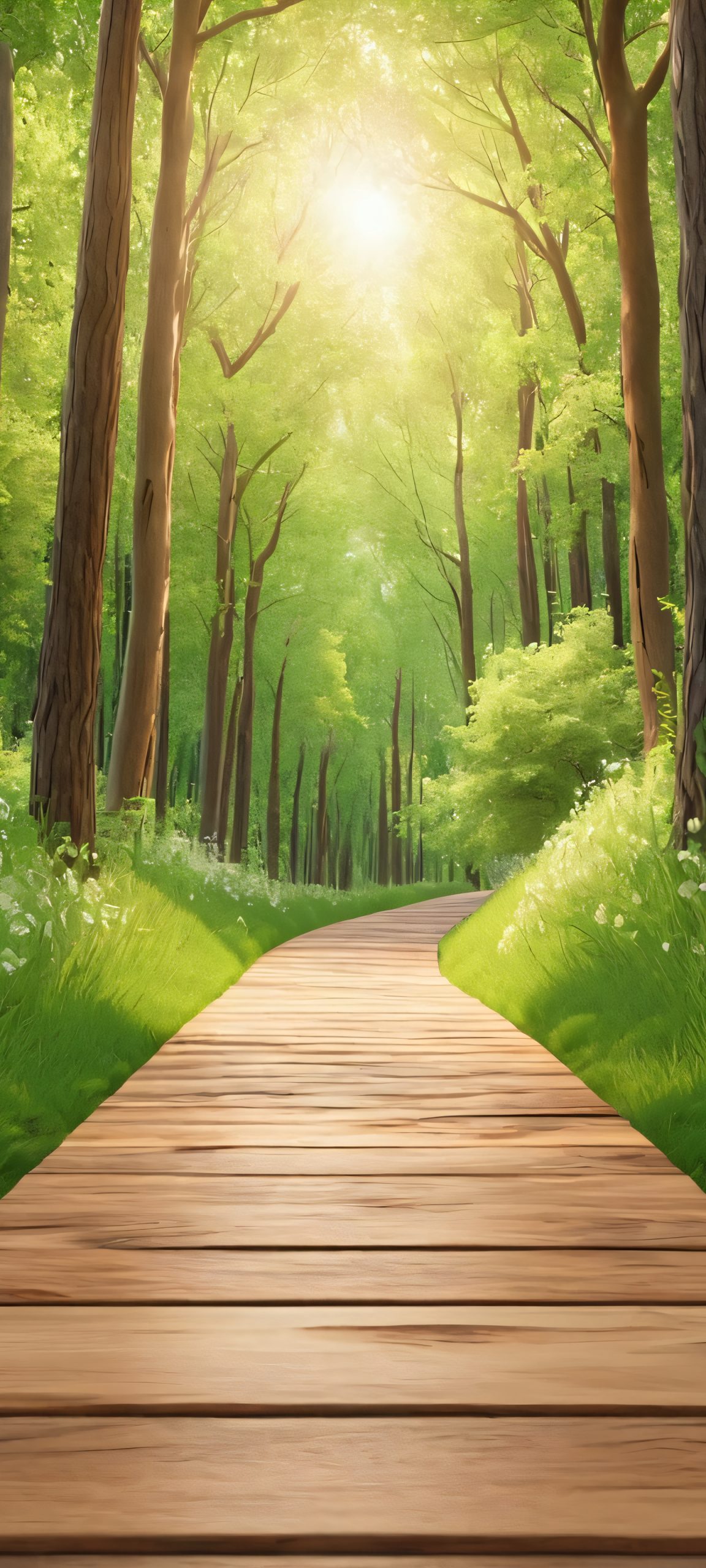 A serene and realistic vertical mobile wallpaper of a wooden road through a lush forest, perfect for your iPhone/Android home screen.