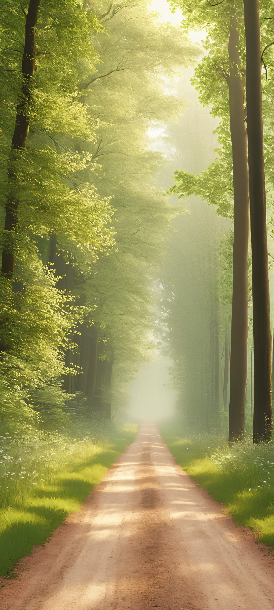 A peaceful forest road, softly lit, perfect for your iPhone or Android home screen.