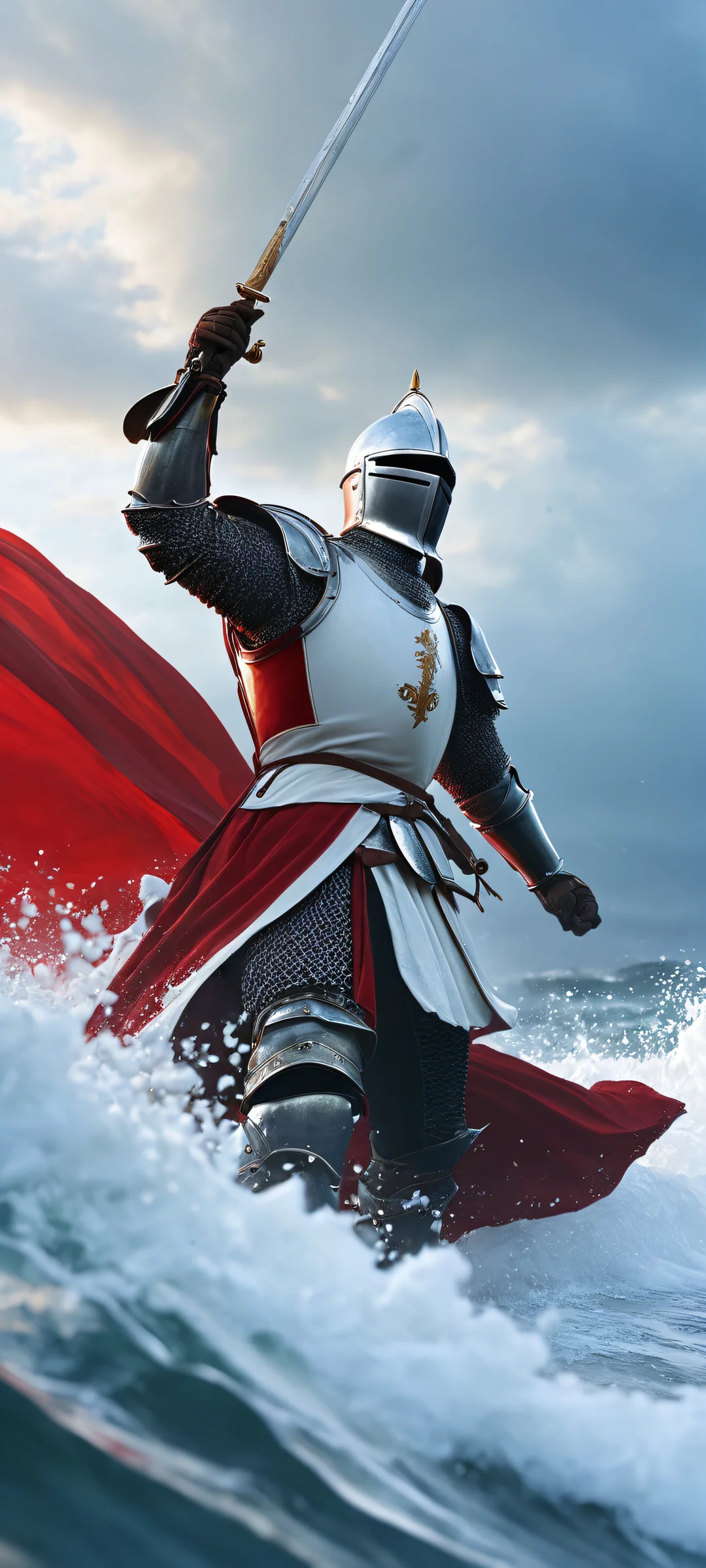 A majestic knight rides the wuthering waves on a stormy sea, perfect for iPhone/Android home screens.