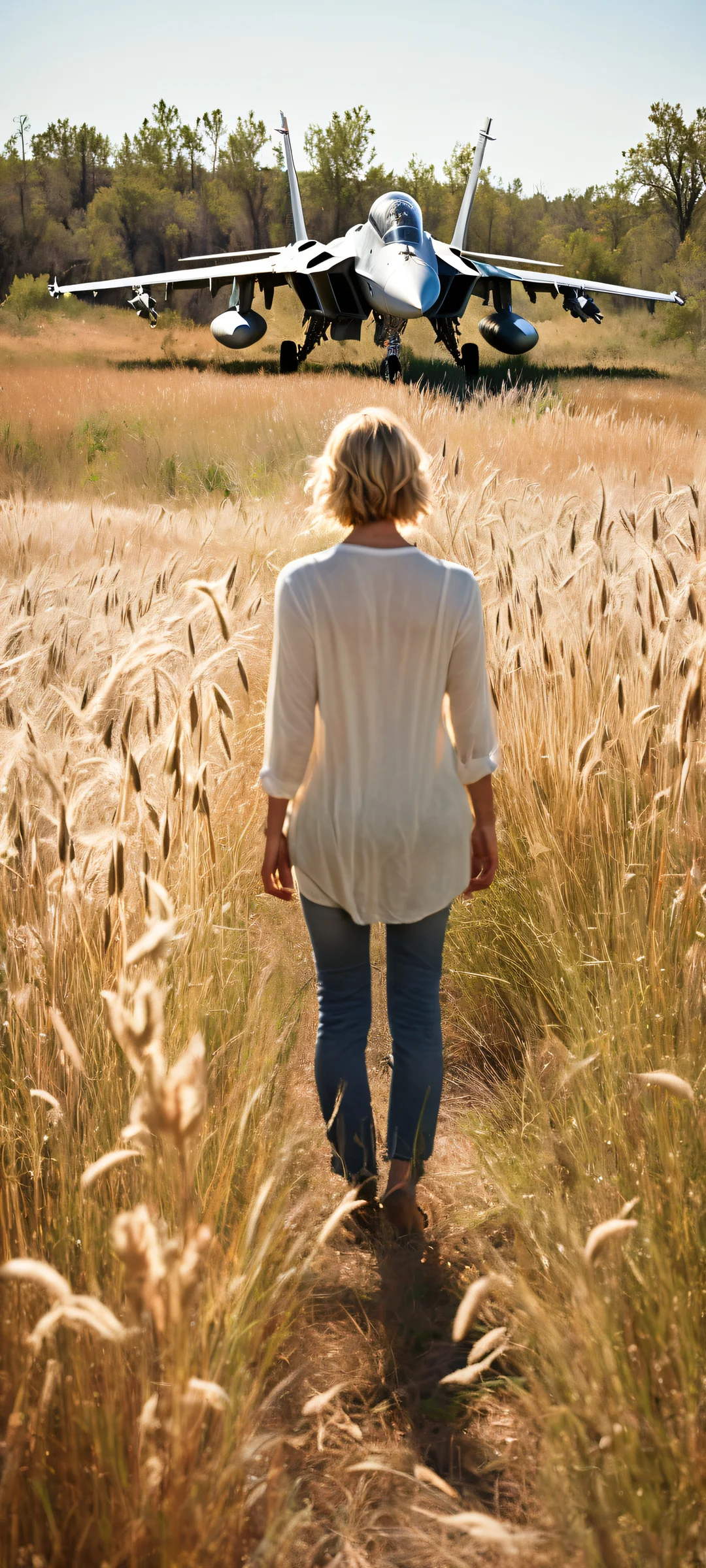 A lone figure with flowing blonde hair stands waist-deep in overgrown wild grasses, silently witnessing the abandoned F-15 Eagle fighter jet. iPhone/Android.