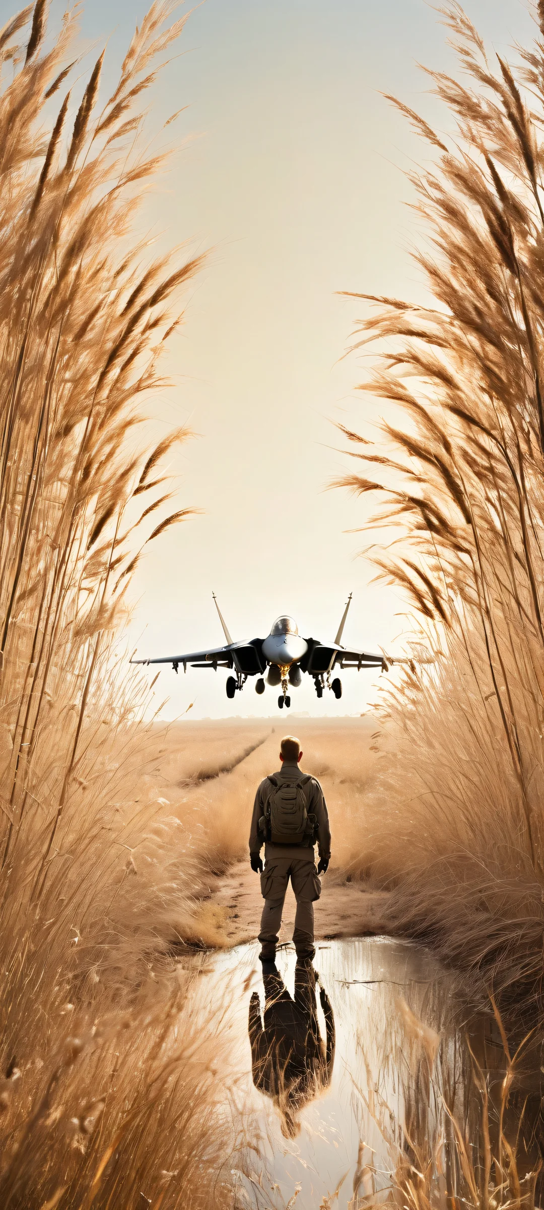 A lone figure stands witness to an abandoned F-15 Eagle fighter jet against a desolate landscape, perfectly optimized for iPhone and Android home screens.