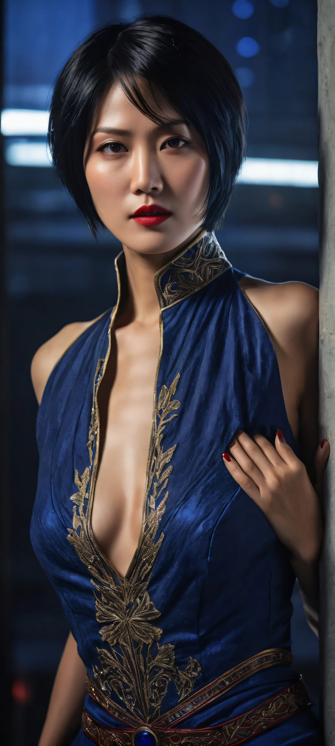 Ada Wong portrait for iPhone and Android screens with intricate details and eerie silhouettes in the background, perfectly optimized for home screens.