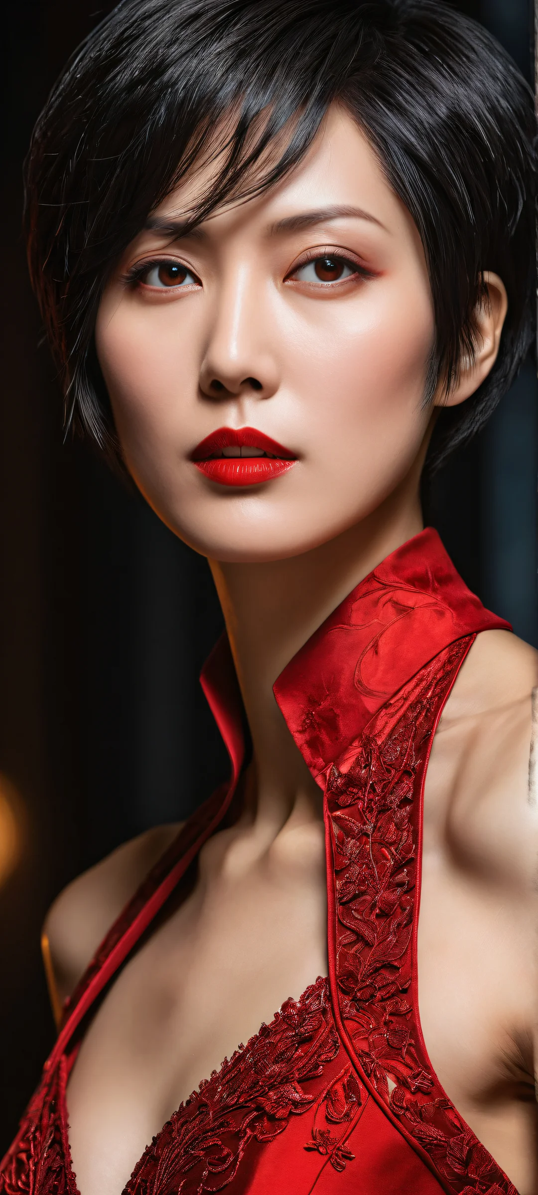 A stunning portrait of Ada Wong for iPhone and Android devices. Perfectly optimized for home screens, showcasing her red dress and intricate details in a breathtaking 8k resolution.