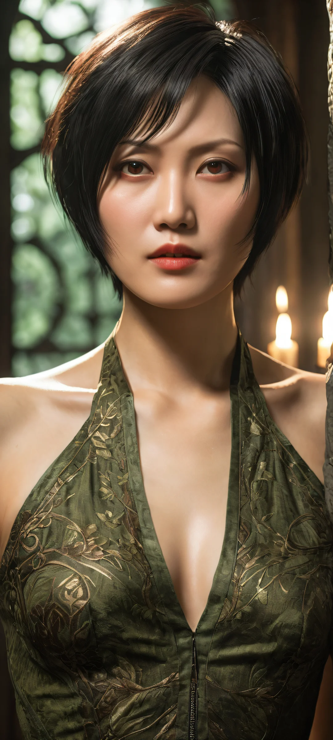 Ada Wong's Eerie Encounter 2K Mobile Background A stunning portrait of Ada Wong against the eerie atmosphere of Resident Evil 4 Remake. Perfectly optimized for iPhone and Android home screens.