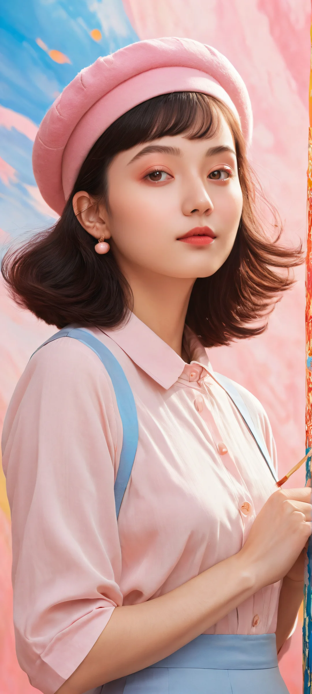 Beautiful portrait of Adeleine and Kirby watching over her iPhone/Android home screen wallpaper with vibrant colors and textures, representing the artist's workspace.