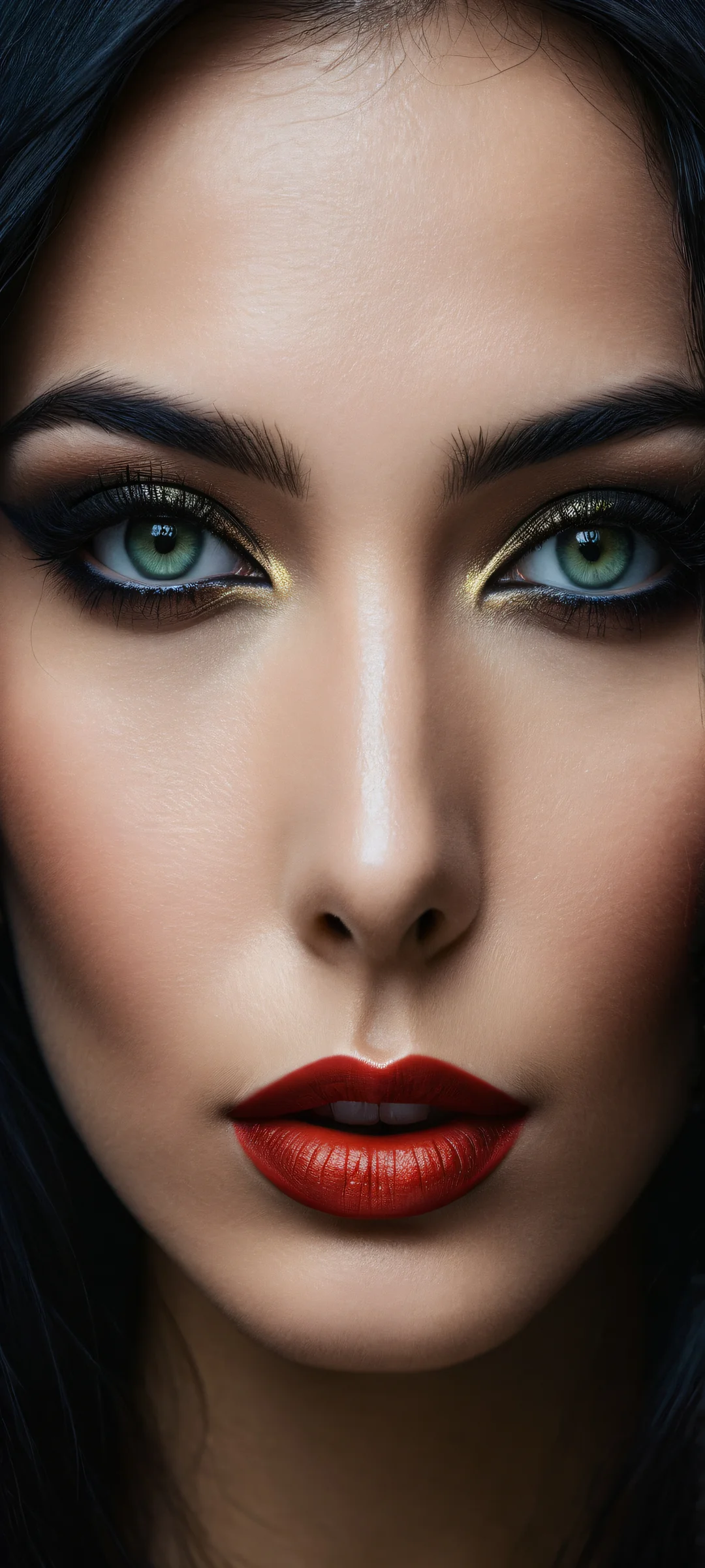 Enigmatic woman with insane micro-details of black hair and parted lips, set against a vast pure void, with an atmospheric environment in the background. Perfect for iPhone/Android home screens.