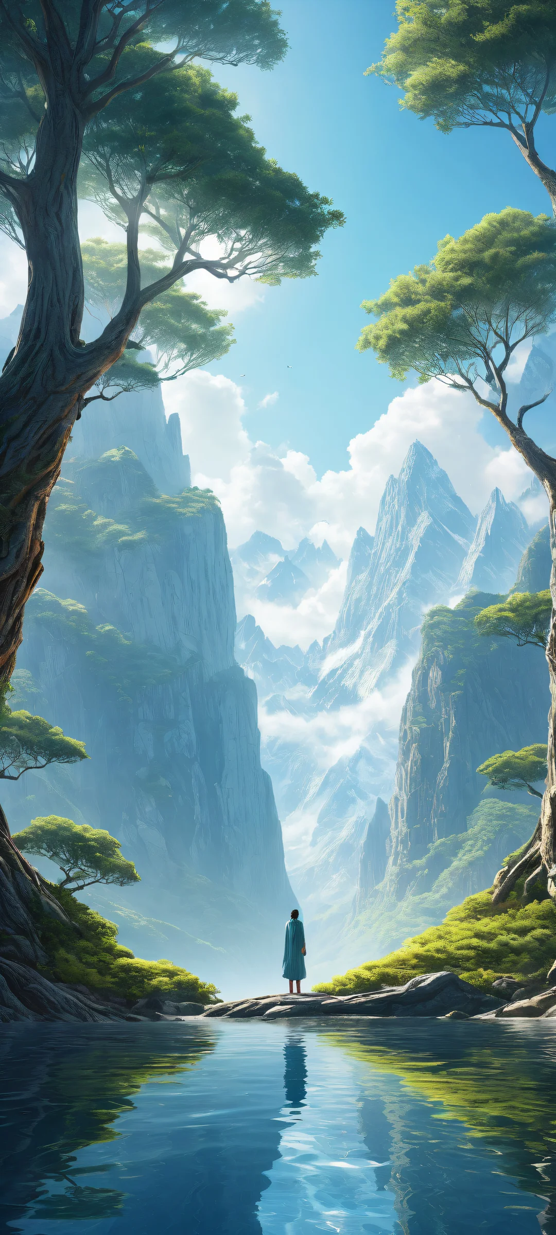 Ethereal landscape of Aeuna on iPhone or Android - mystical mountains and trees, serene ambiance, award-winning digital art.