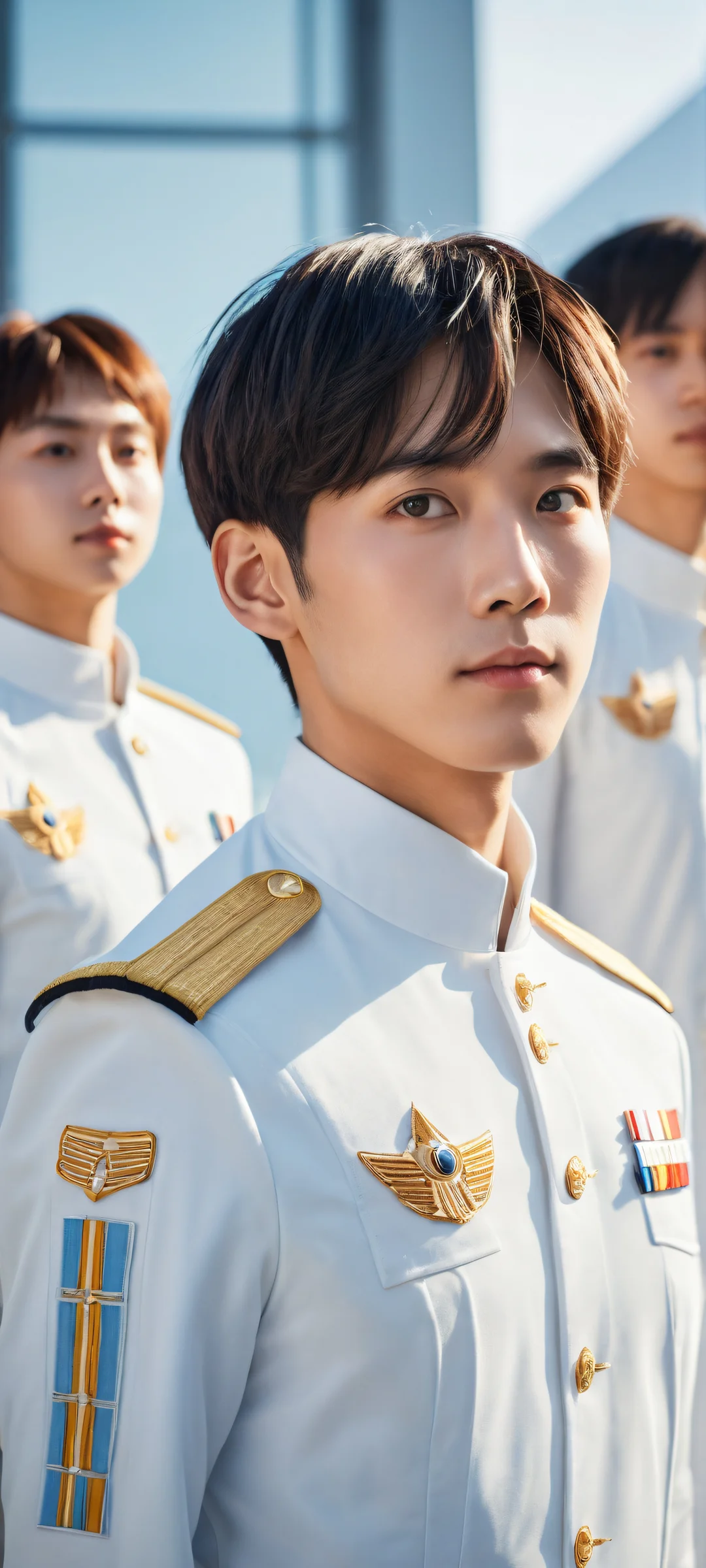 A stunning portrait of Ai Tanabe surrounded by anime friends, featuring intricate Planetes uniforms and accessories, iPhone と Android のホーム画面に完全に最適化.