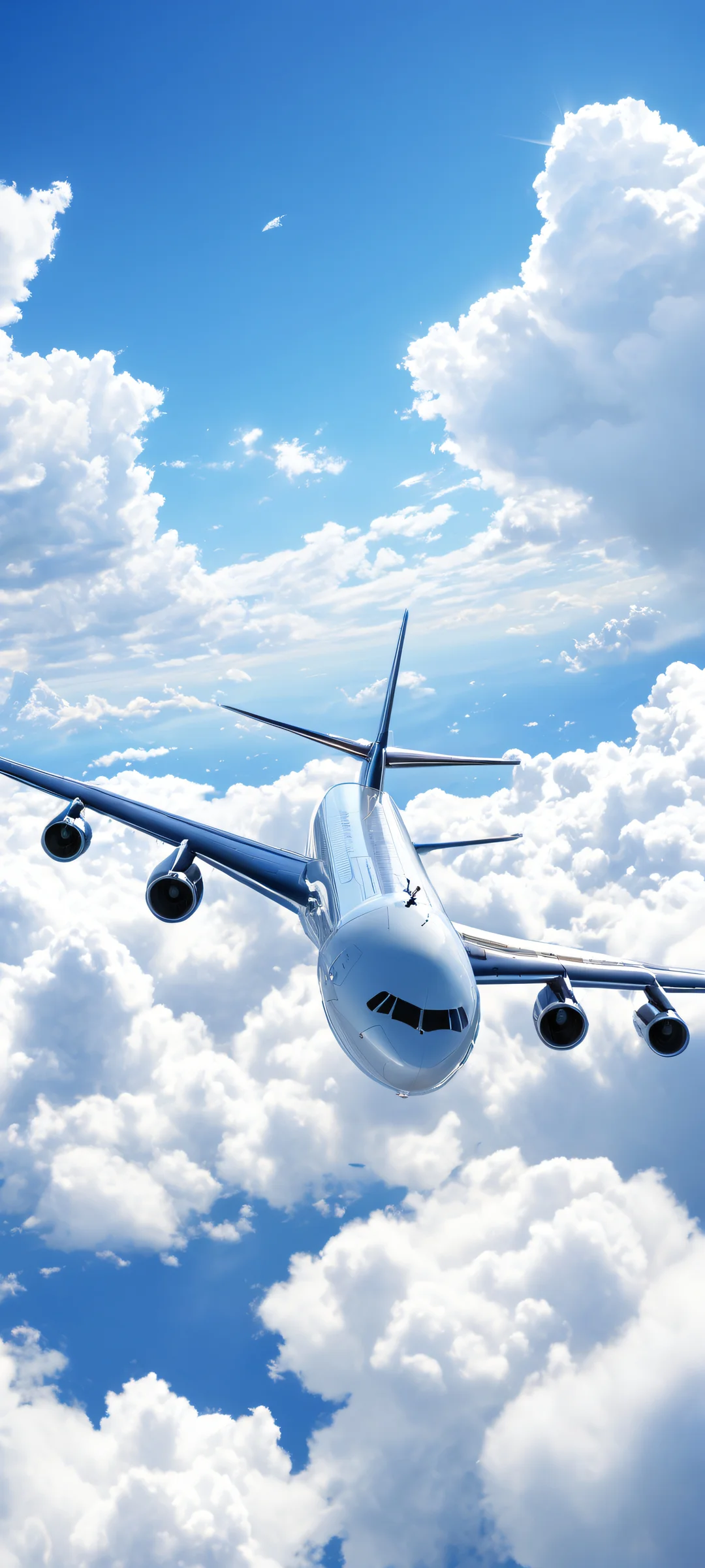 Stunning vertical portrait of an airplane against a brilliant blue sky with clouds and sun reflections. Perfekt optimiert für das iPhone, Samsung Galaxy, und Android-Startbildschirme.