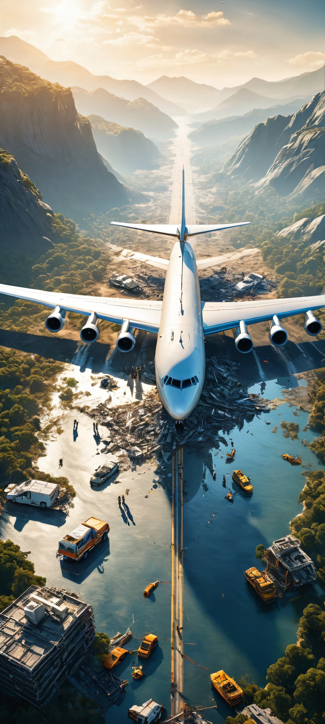 iPhone and Android users will be captivated by this breathtaking digital art featuring an aircraft accident scene with a serene outdoor landscape in the lower half, perfekt optimiert für Home-Bildschirme.