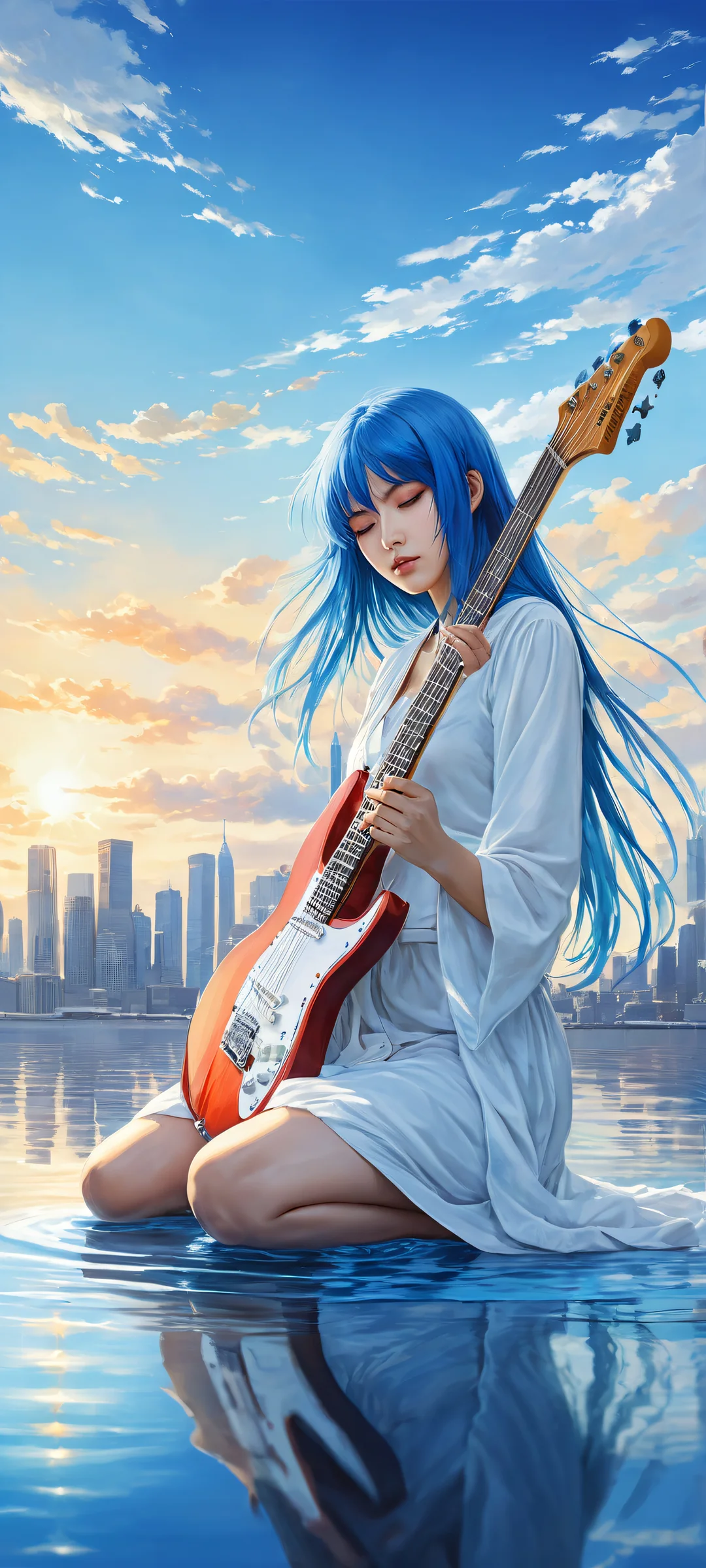 iPhone/Android wallpaper featuring Aku No Kyouma from the Konosuba series, surrounded by celestial music and vibrant underwater cityscapes.