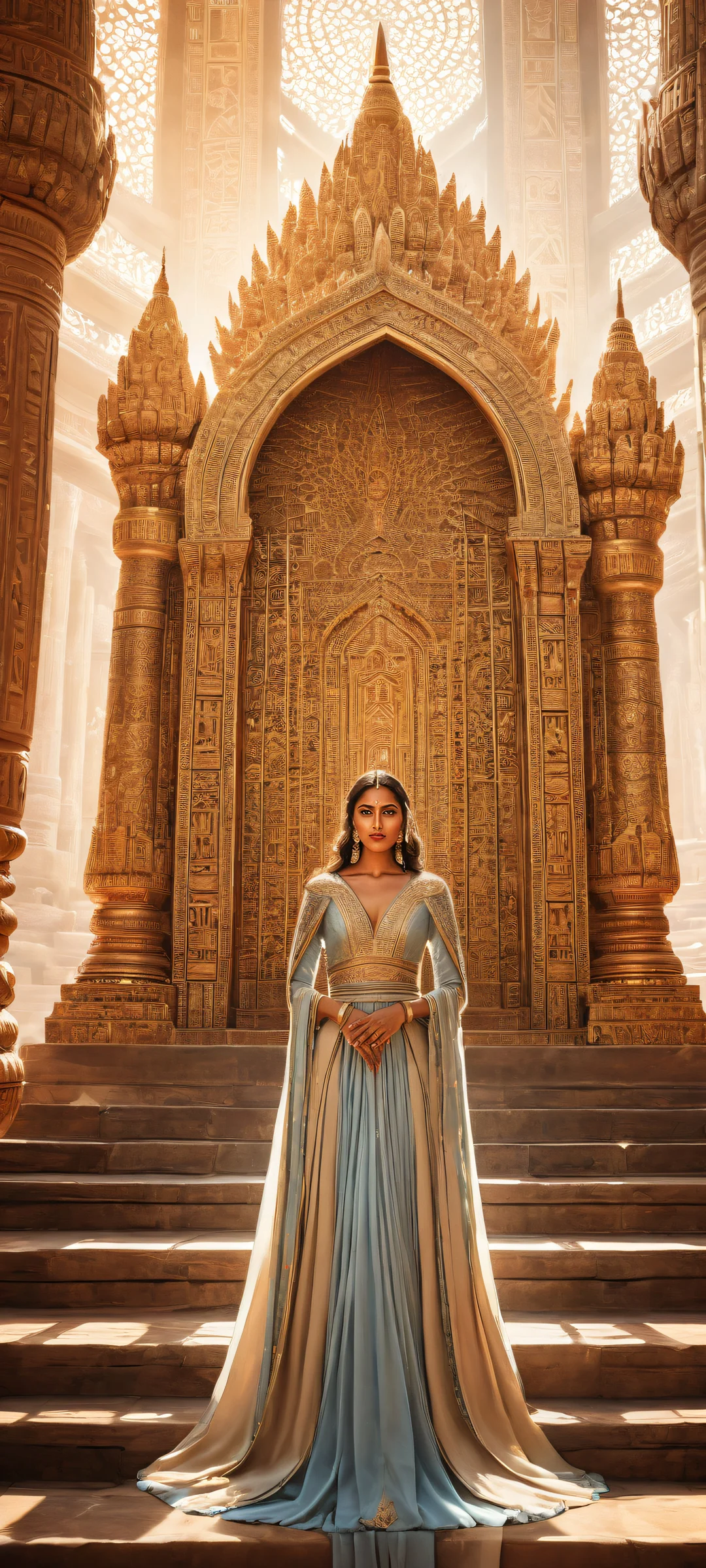 A majestic throne scene of Alia Atreides on iPhone and Android mobile devices, with stunning details and ethereal lighting.