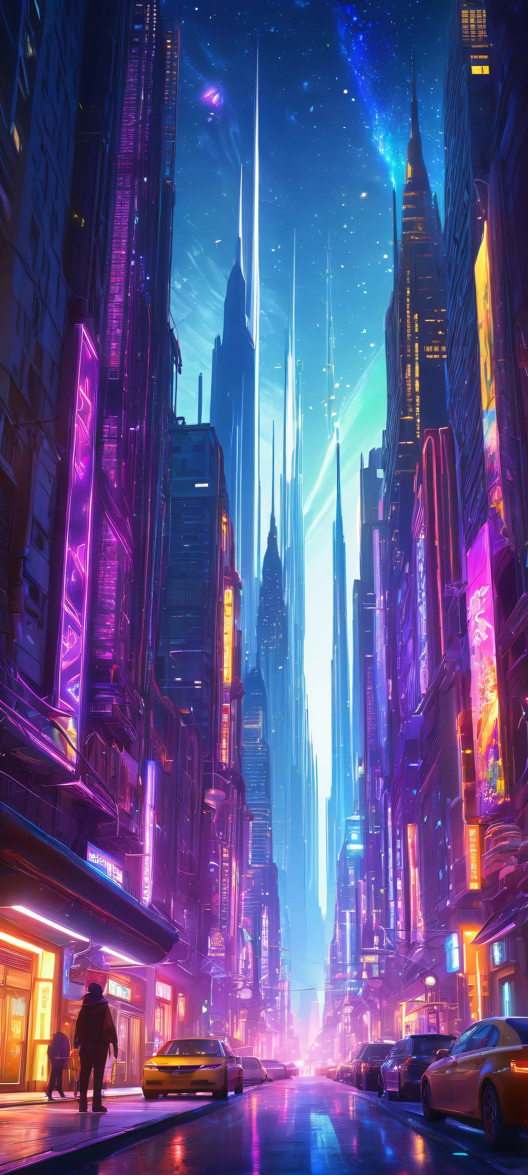 A stunning vertical portrait artwork of Alien Cityscape, perfekt optimiert für iPhone- und Android-Startbildschirme. This masterpiece features glowing neon lights, futuristic architecture, and a vast pure void with a distant starry night sky.
