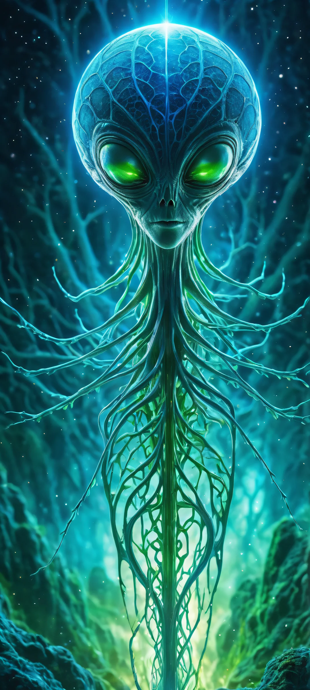 Breathtaking portrait of alien flora amidst intricate nerve cells and dendrites on a pristine void, perfect for iPhone/Android home screens.