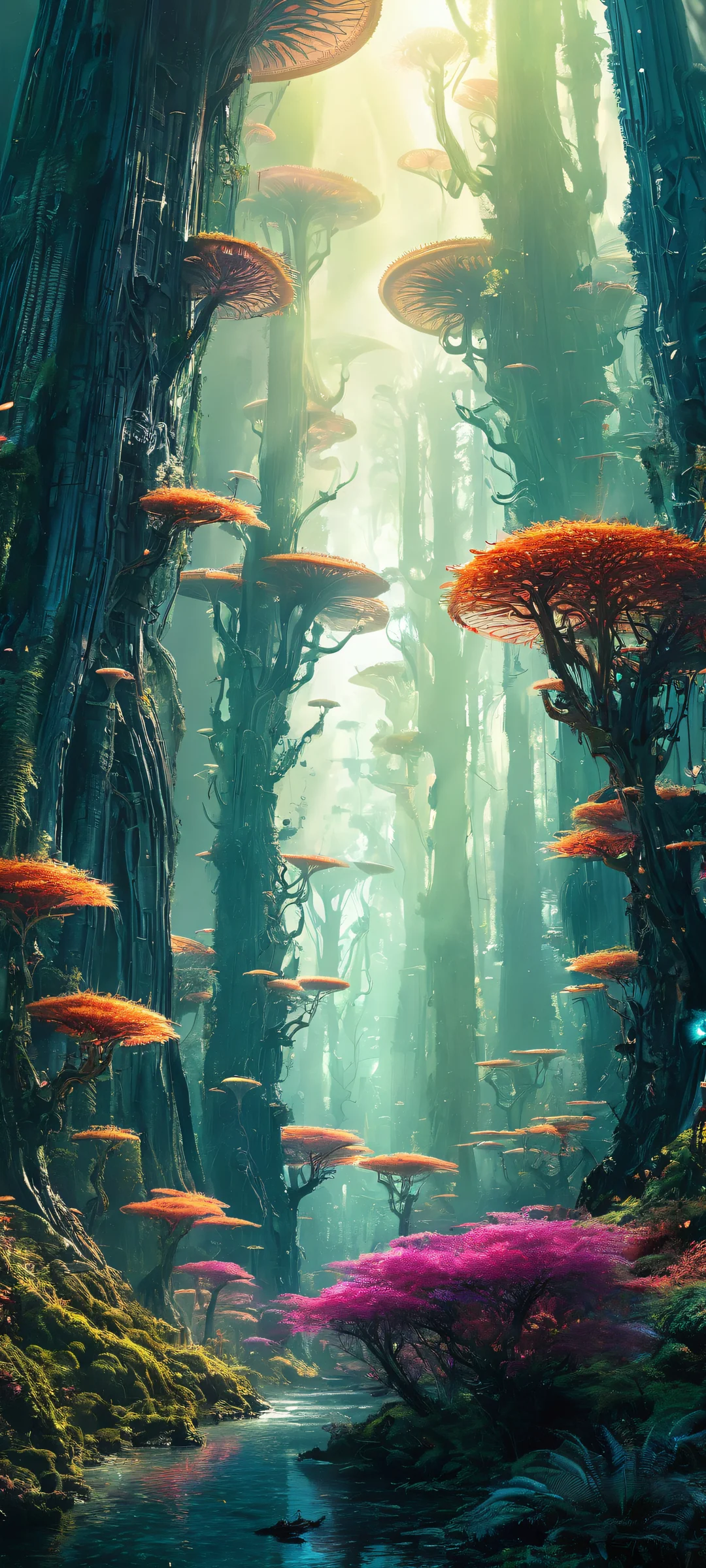 A stunning iPhone/Android wallpaper of an otherworldly forest, featuring vibrant colors and ray traced reflections.