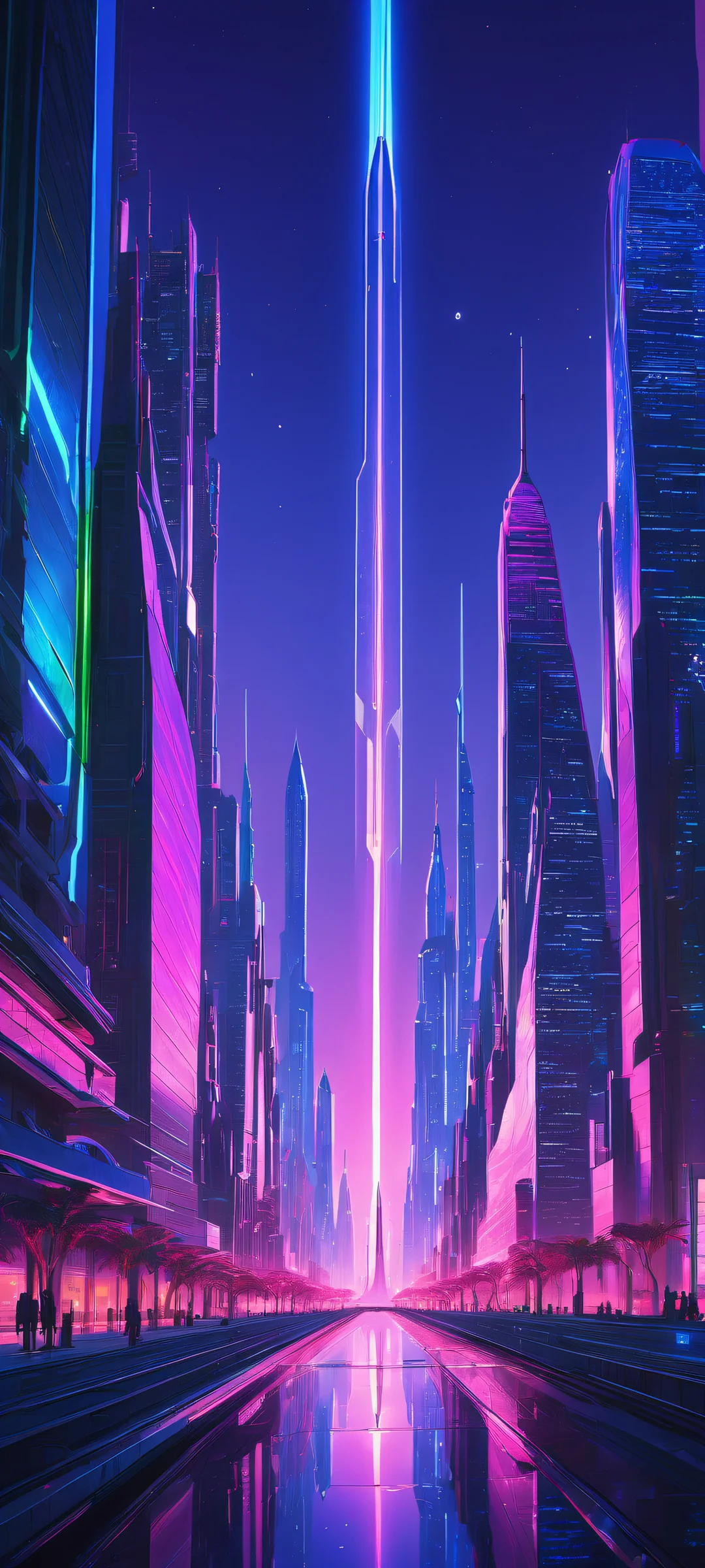 Stunning iPhone/Android wallpaper of an alien cityscape with vibrant neon lights and futuristic architecture.