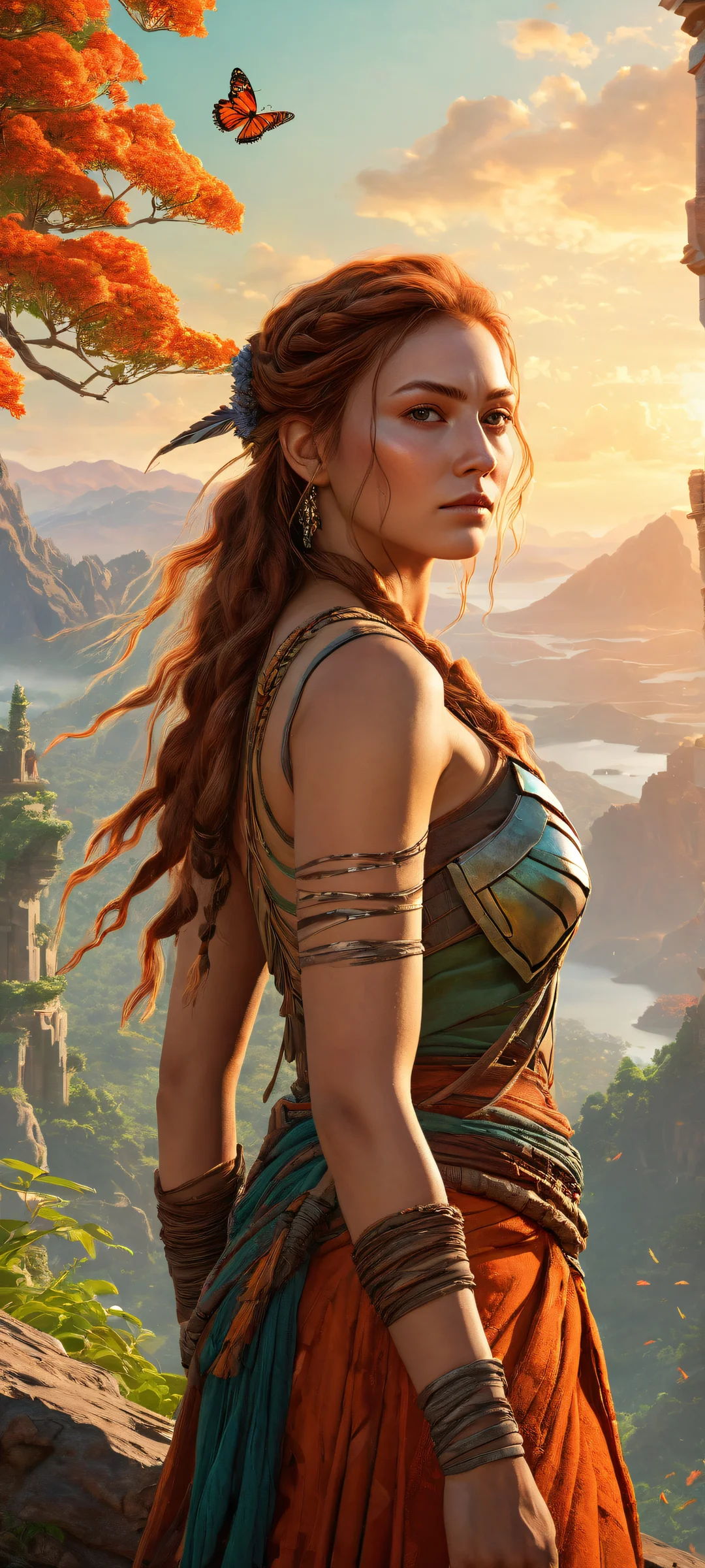 A breathtaking portrait of Aloy amidst a post-apocalyptic landscape on your iPhone/Android device, with intricate details and ethereal lighting.