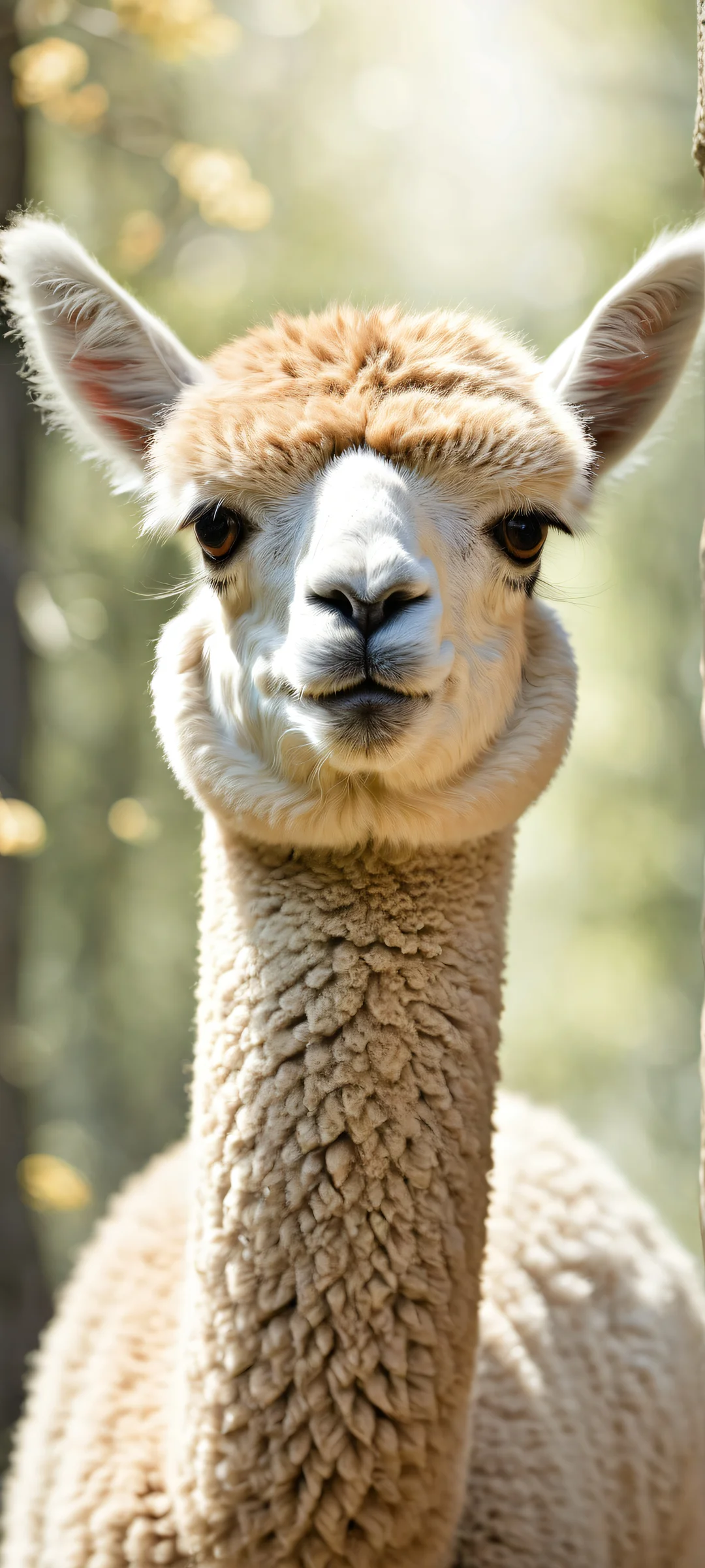 A serene alpaca portrait on an iPhone or Android device, featuring soft fur and delicate features against a clean and empty background.