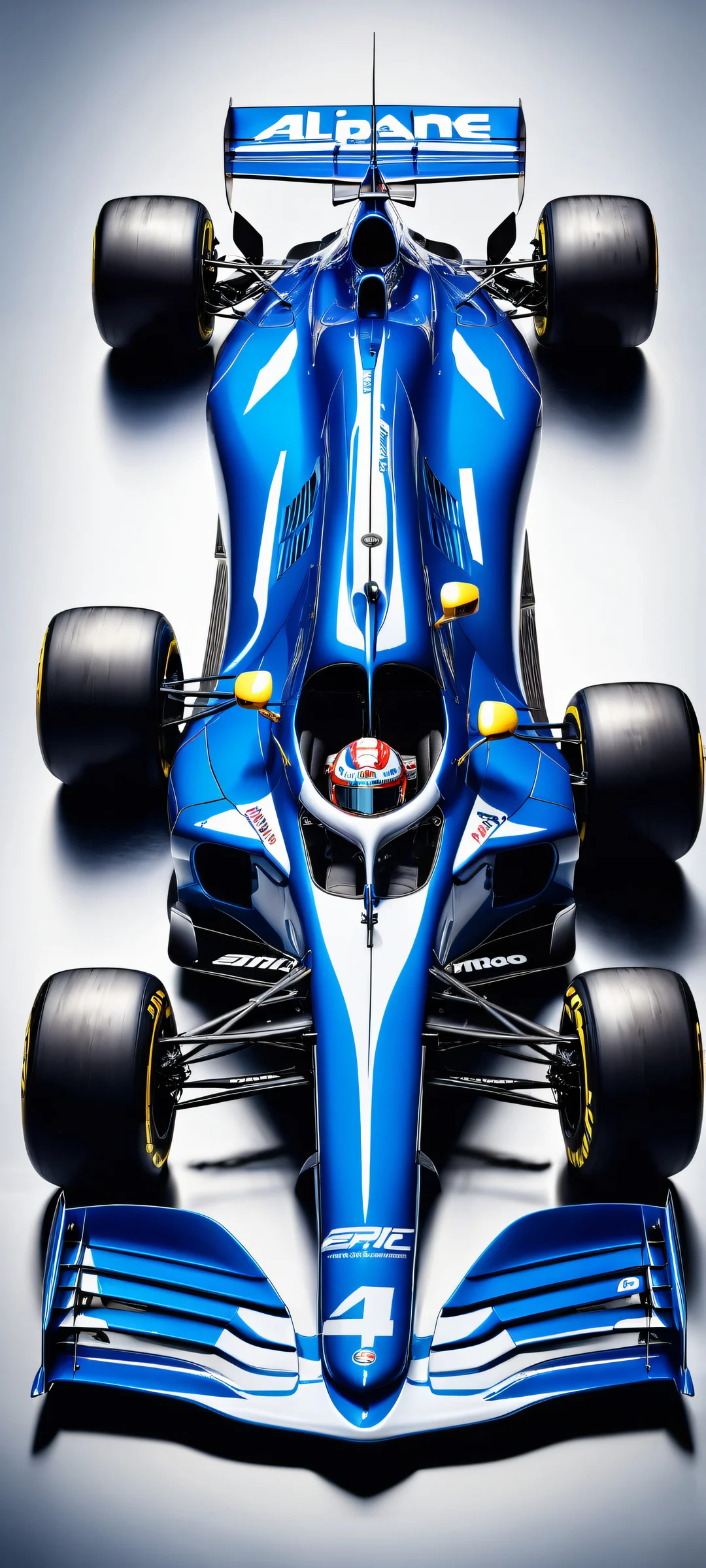 A breathtaking portrait of Alpine F1 on a pure void background with iPhone/Android optimized visual details