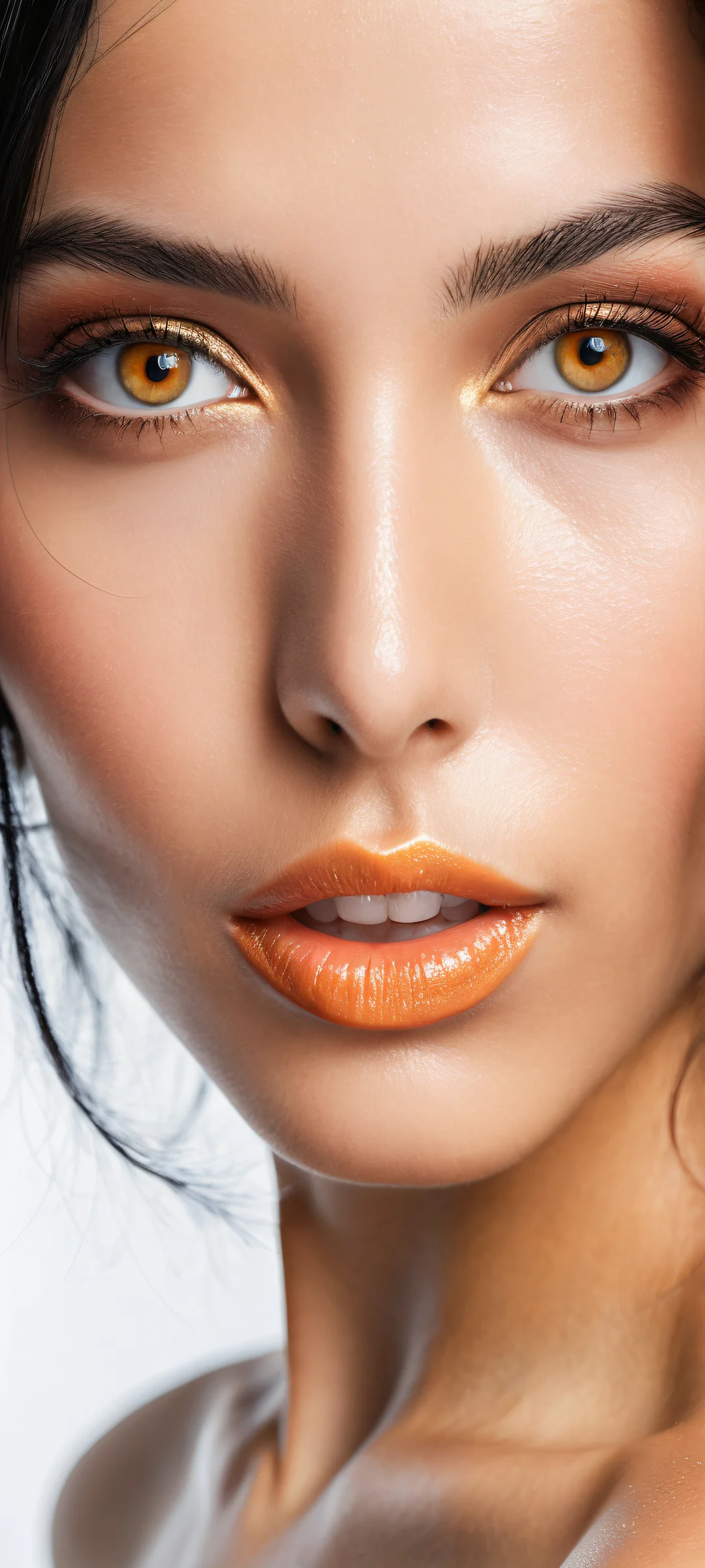 A stunning portrait of a young woman with mesmerizing amber eyes and striking features on an iPhone/Android mobile phone background.