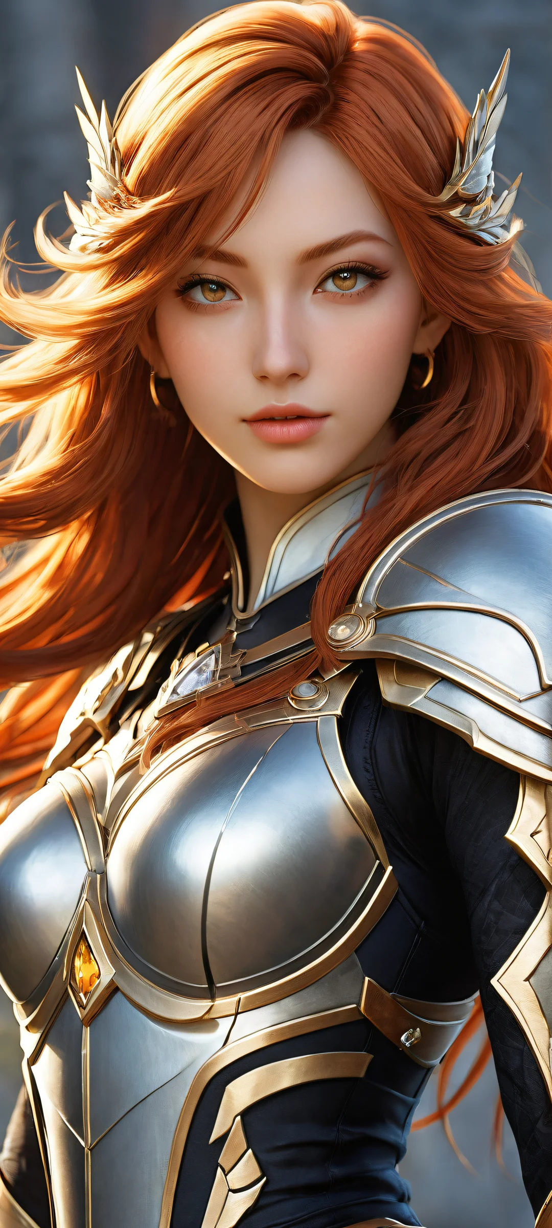 A stunning portrait of an Amber-haired girl with Genshin Impact-inspired armor and accessories, perfect for iPhone/Android home screens.