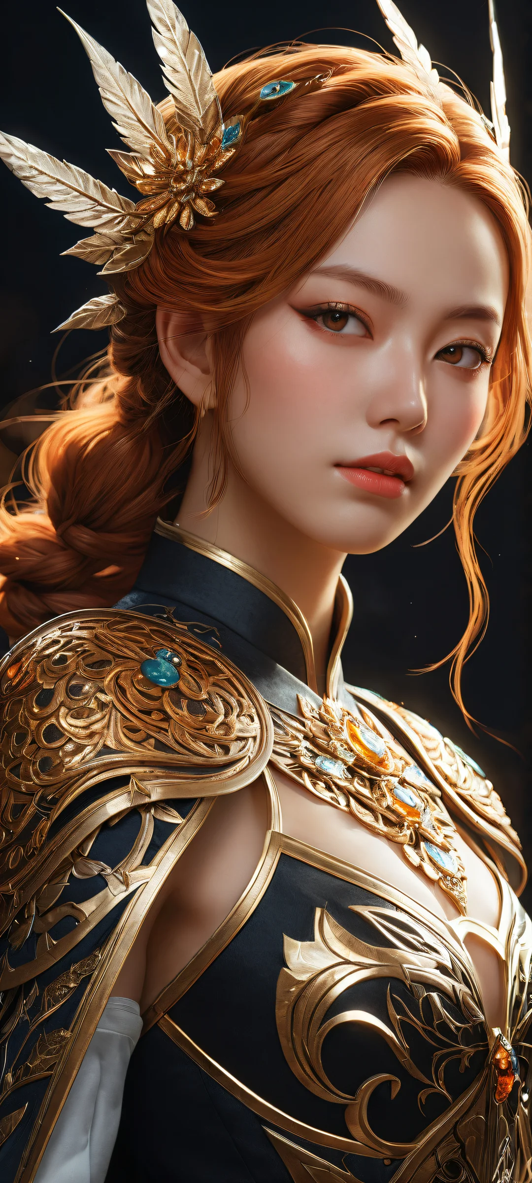 A stunning digital art portrait of a lone amber-haired girl on a dark space background, perfectly optimized for iPhone/Android home screens.