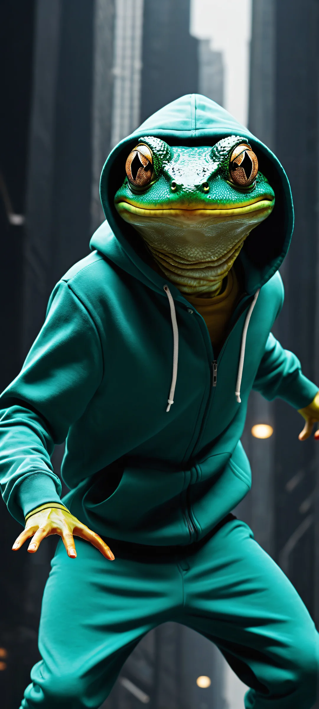 iPhone/Android users will adore this stunning digital artwork of an anthropomorphic amphibian dancing in mid-air, surrounded by a sleek dark mode aesthetic with deep blacks and luminescent accents.