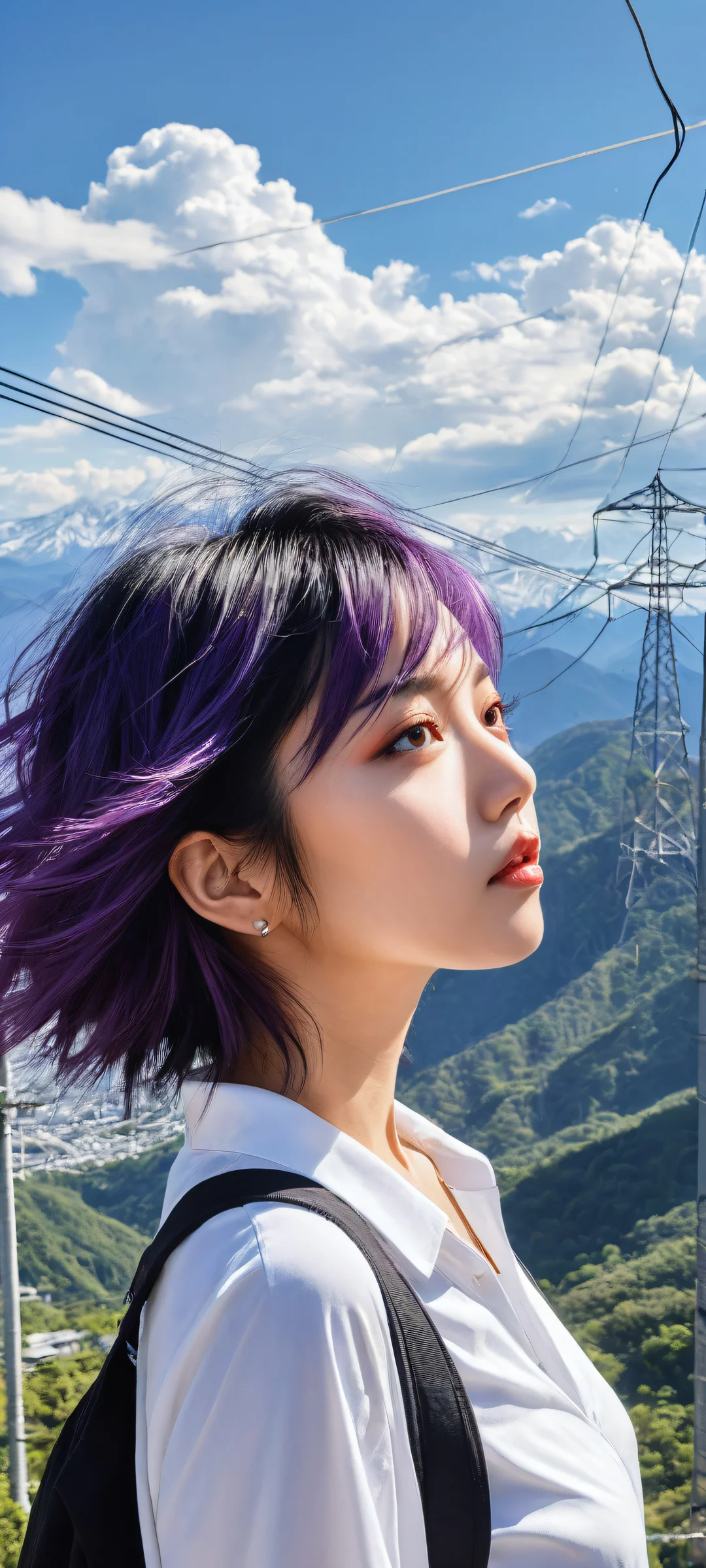 An_Yb stands amidst mountains and clouds, blowing her purple hair in the wind. Perfectly optimized for iPhone, Samsung Galaxy, and Android home screens.