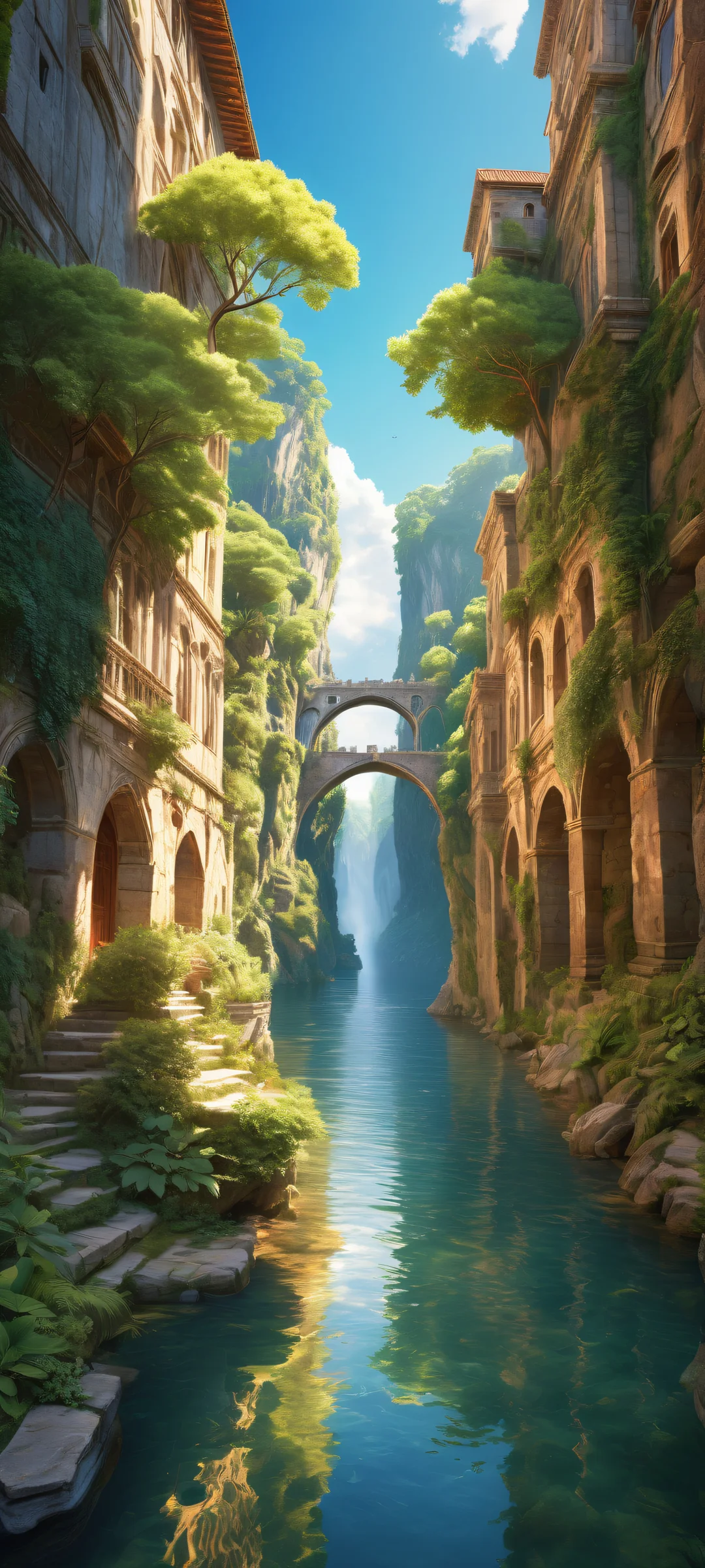 A breathtaking vertical portrait artwork of Historical Buildings placed in the lower-middle with intricate micro-details of ancient architecture and lush forest surroundings, perfectly clean and empty top half for seamless UI integration on iPhone/Android home screens.