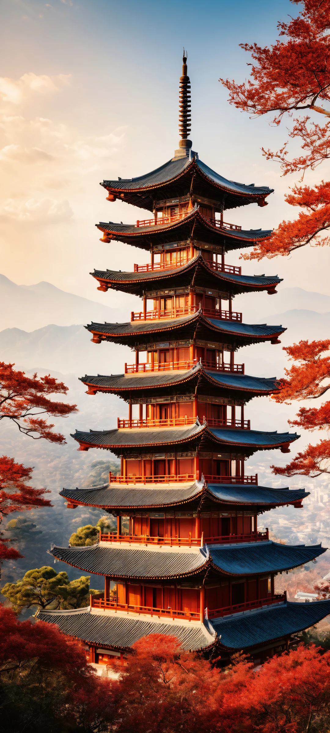 iPhone/Android Wallpaper of Ancient Chinese Pagoda with majestic architecture and serene blue sky, reminiscent of classical renaissance oil painting.