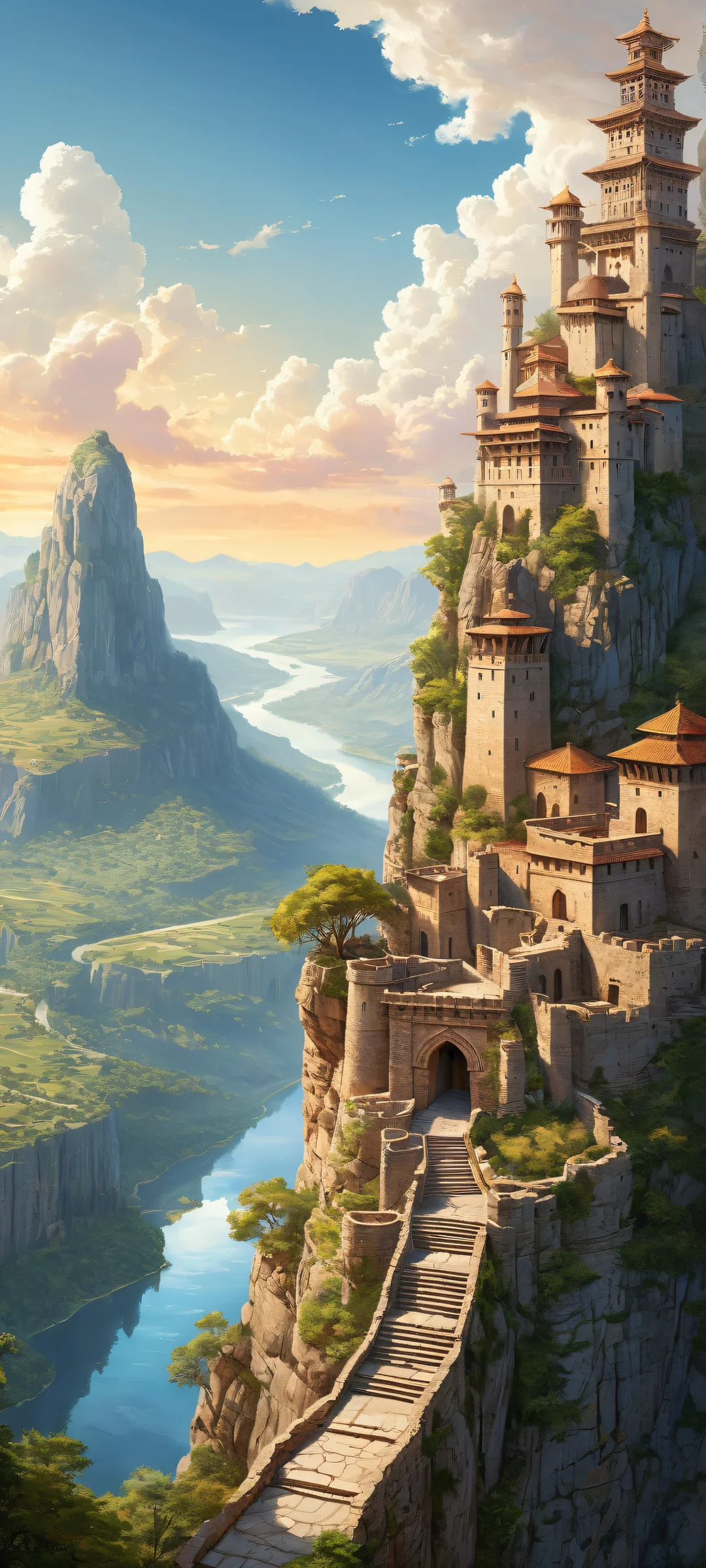 Ancient Citadel at Twilight 2K Mobile Background A serene iPhone/Android landscape featuring an ancient fortress perched on a cliffside, surrounded by a winding river valley and a mystical twilight sky.