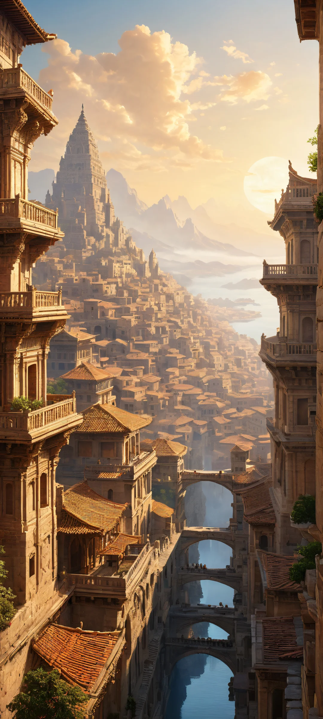 iPhone/Android background featuring an ancient cityscape with intricate details and ethereal lighting, perfect for phone wallpapers.