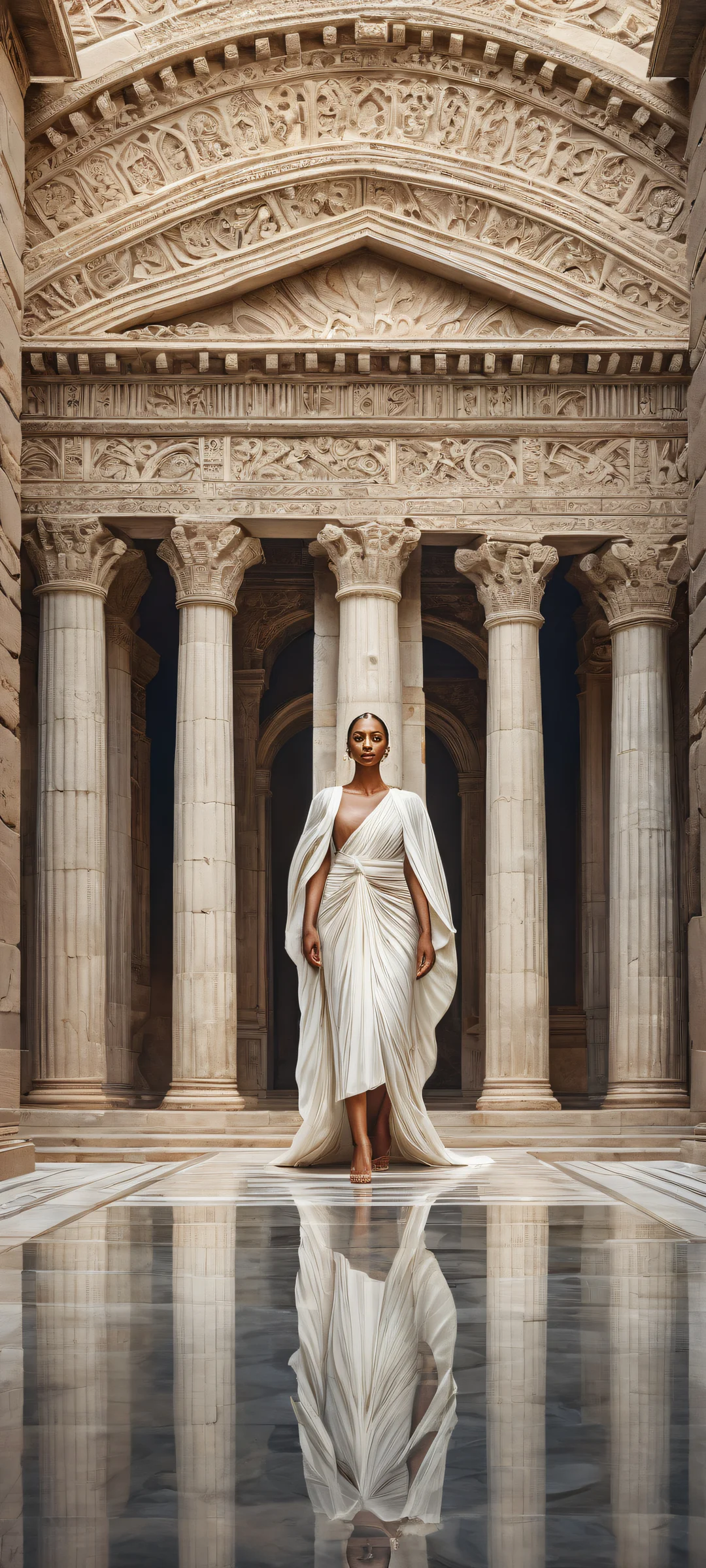 iPhone and Android users will love this breathtaking vertical portrait artwork featuring intricate ancient architecture details, perfect for home screens. Stunning digital art with radiant colors, ray-traced reflections, and crisp texture.