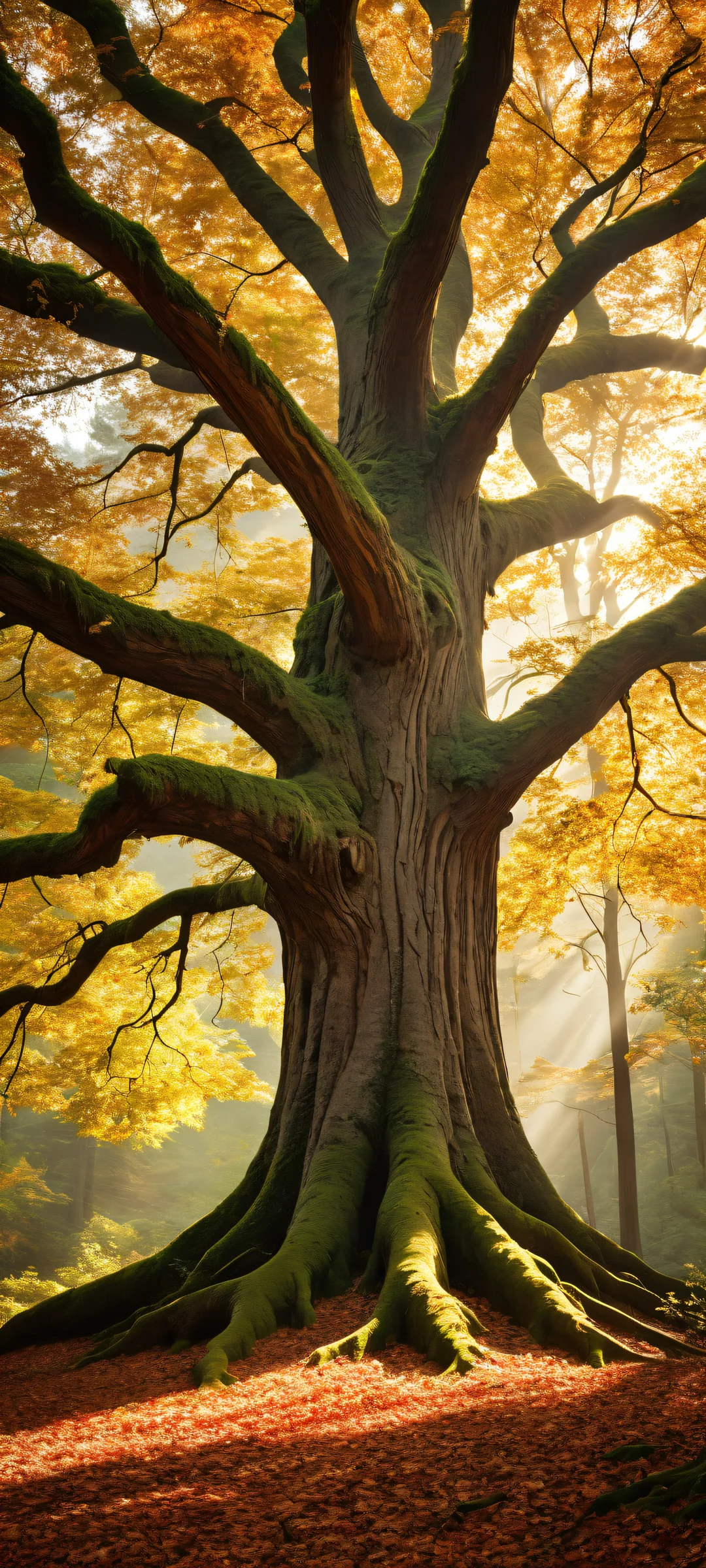 iPhone and Android users will adore this breathtaking portrait of an ancient tree set against a vast, serene forest landscape, apresentando micro-detalhes intrincados e iluminação etérea.