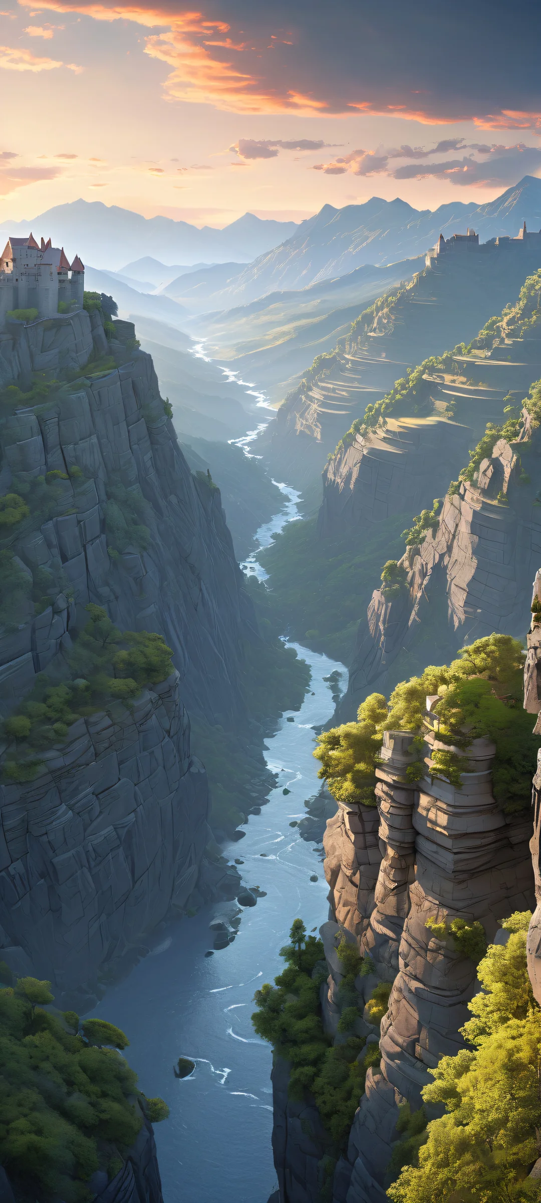 iPhone and Android users will love this stunning portrait of an ancient stone fortress perched atop jagged mountains under a vast, smoky twilight sky. Drifting clouds and winding river valley create the perfect atmospheric backdrop.