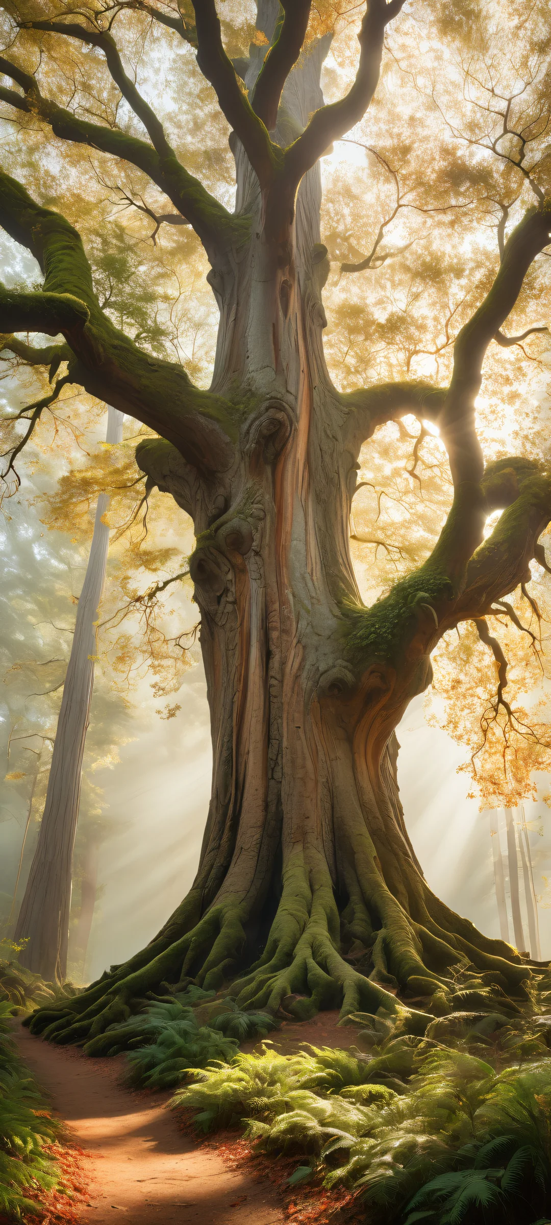 iPhone and Android users will marvel at the breathtaking portrait of ancient trees against a misty forest backdrop, with intricate micro-details and ethereal lighting.