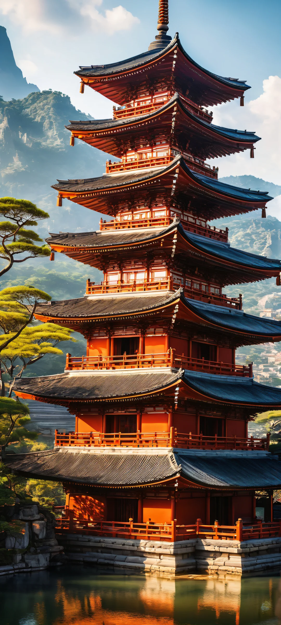 Breathtaking ancient pagoda artwork for iPhone/Android - perfect for home screens with a focus on serene, ethereal lighting and intricate micro-details.