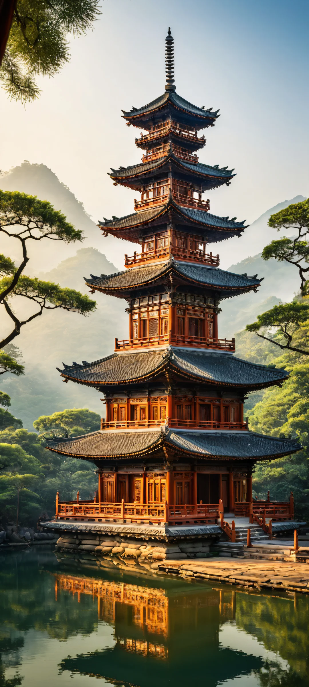 A serene and breathtaking vertical portrait of an ancient pagoda surrounded by a vast pure void, gradually giving way to a misty bamboo forest. Parfaitement optimisé pour iPhone, SamsungGalaxy, et écrans d'accueil Android.