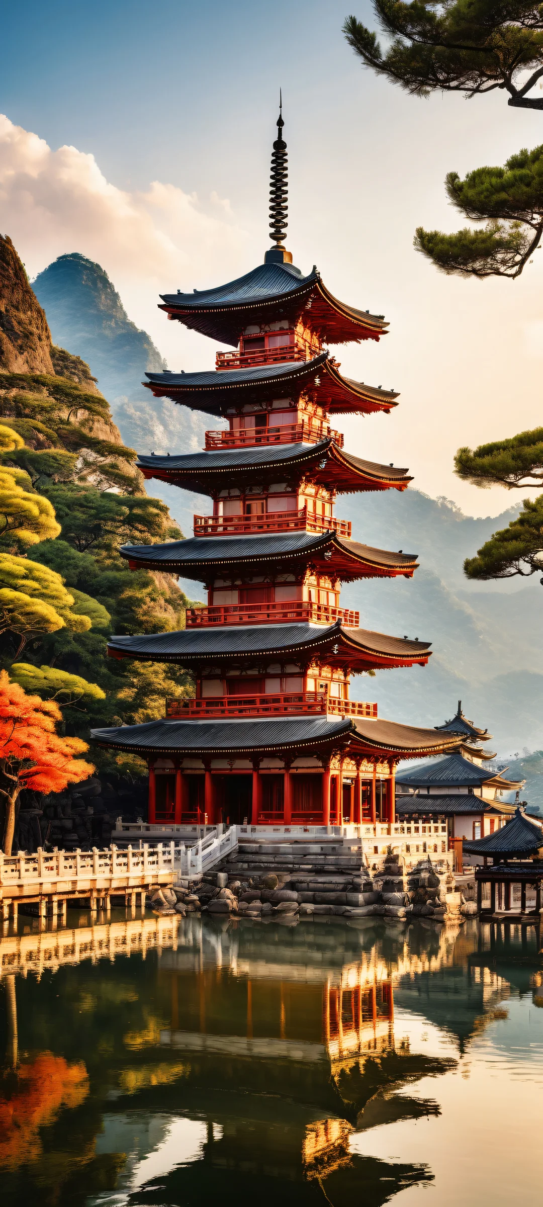 iPhone/Android-friendly artwork of an ancient pagoda with intricate carvings and a serene cityscape, perfeitamente otimizado para iPhone, Galáxia Samsung, e telas iniciais do Android.