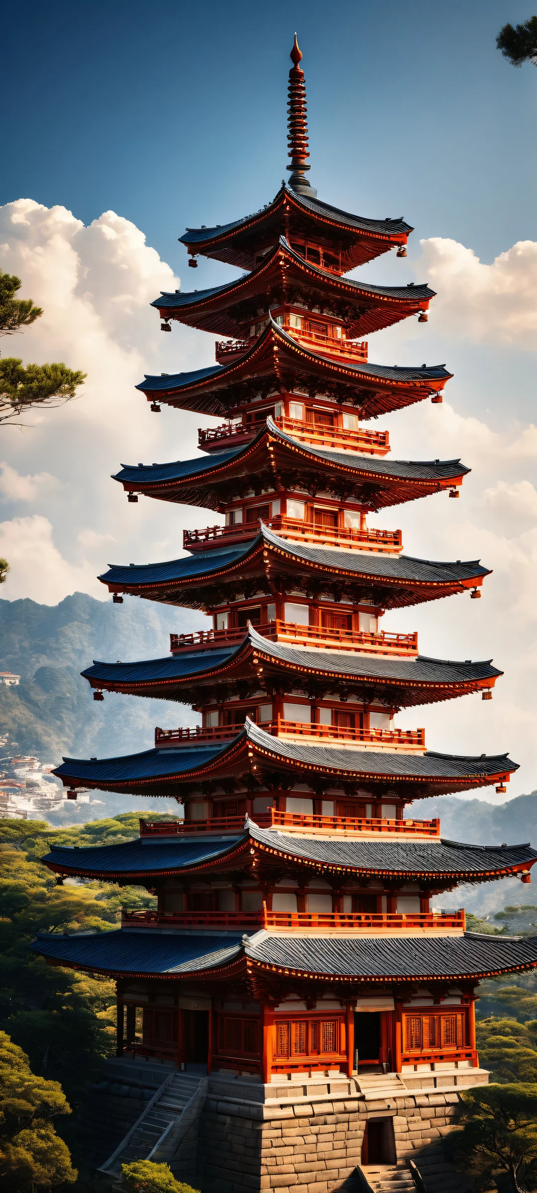 iPhone and Android wallpaper featuring a stunning ancient pagoda with intricate details, set against a serene HDR background, reminiscent of classical oil paintings.