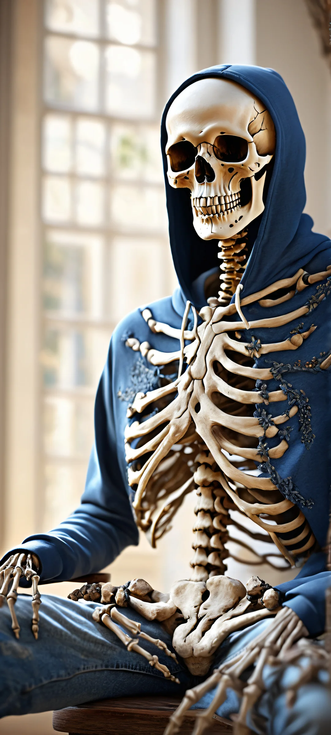 A hauntingly beautiful ancient skeleton portrait for iPhone/Android, showcasing intricate details and eerie atmosphere.