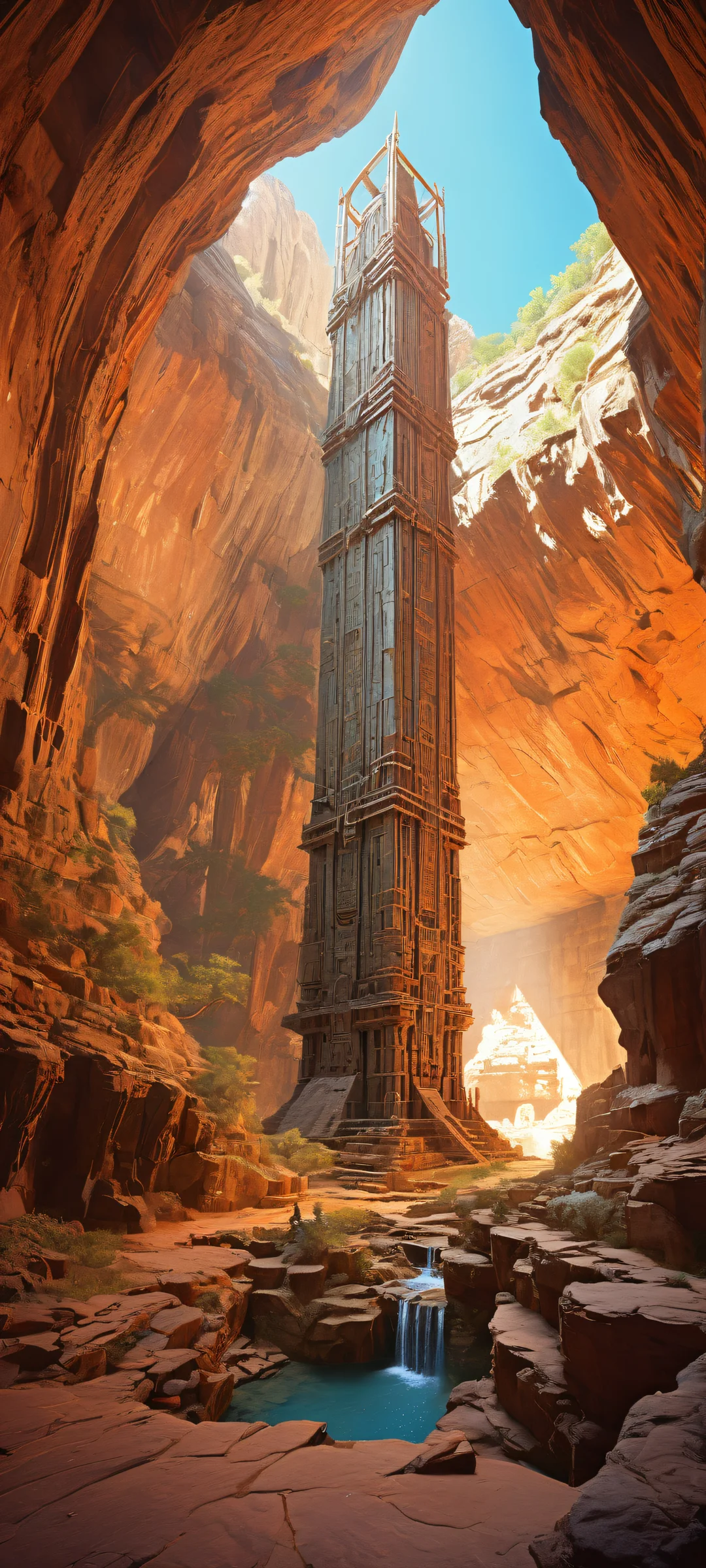 A breathtaking vertical portrait artwork of an ancient technological device placed in a deep cave, perfectly optimized for iPhone and Android home screens.