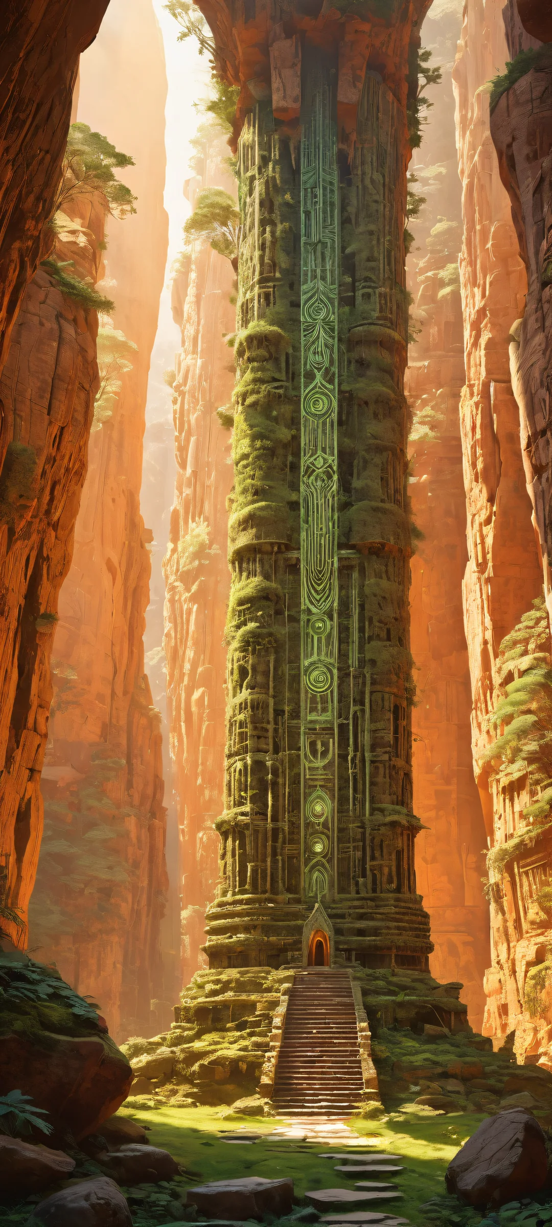 A breathtaking portrait of an ancient technological device, featuring intricately glowing runes and mossy growths on iPhone/Android.