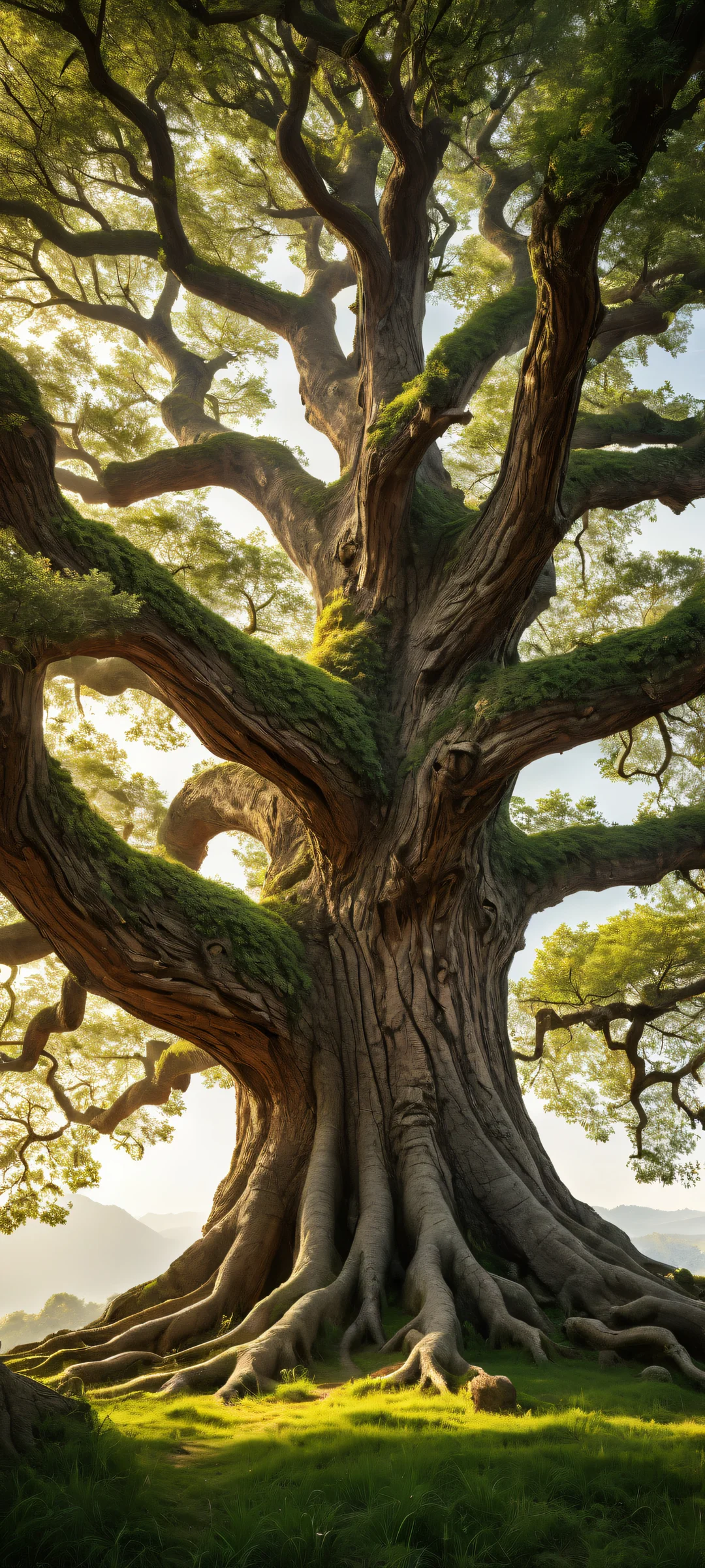 iPhone and Android compatible landscape mobile wallpaper featuring an ancient tree in a serene forest environment with intricate details, rustic textures, and ethereal lighting.