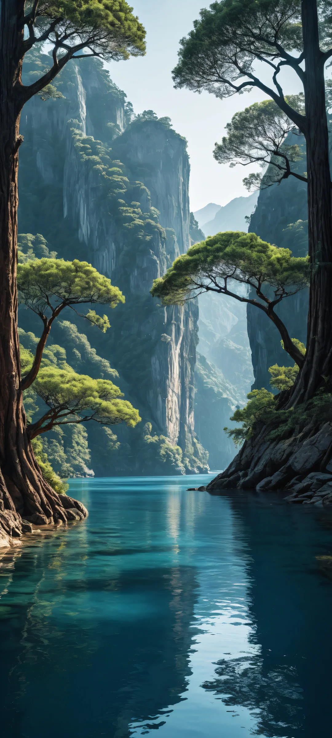 Compatible iPhone et Android. A breathtaking digital artwork of ancient trees placed in the lower-middle, with intricate micro-details, against a serene river landscape and historic buildings.